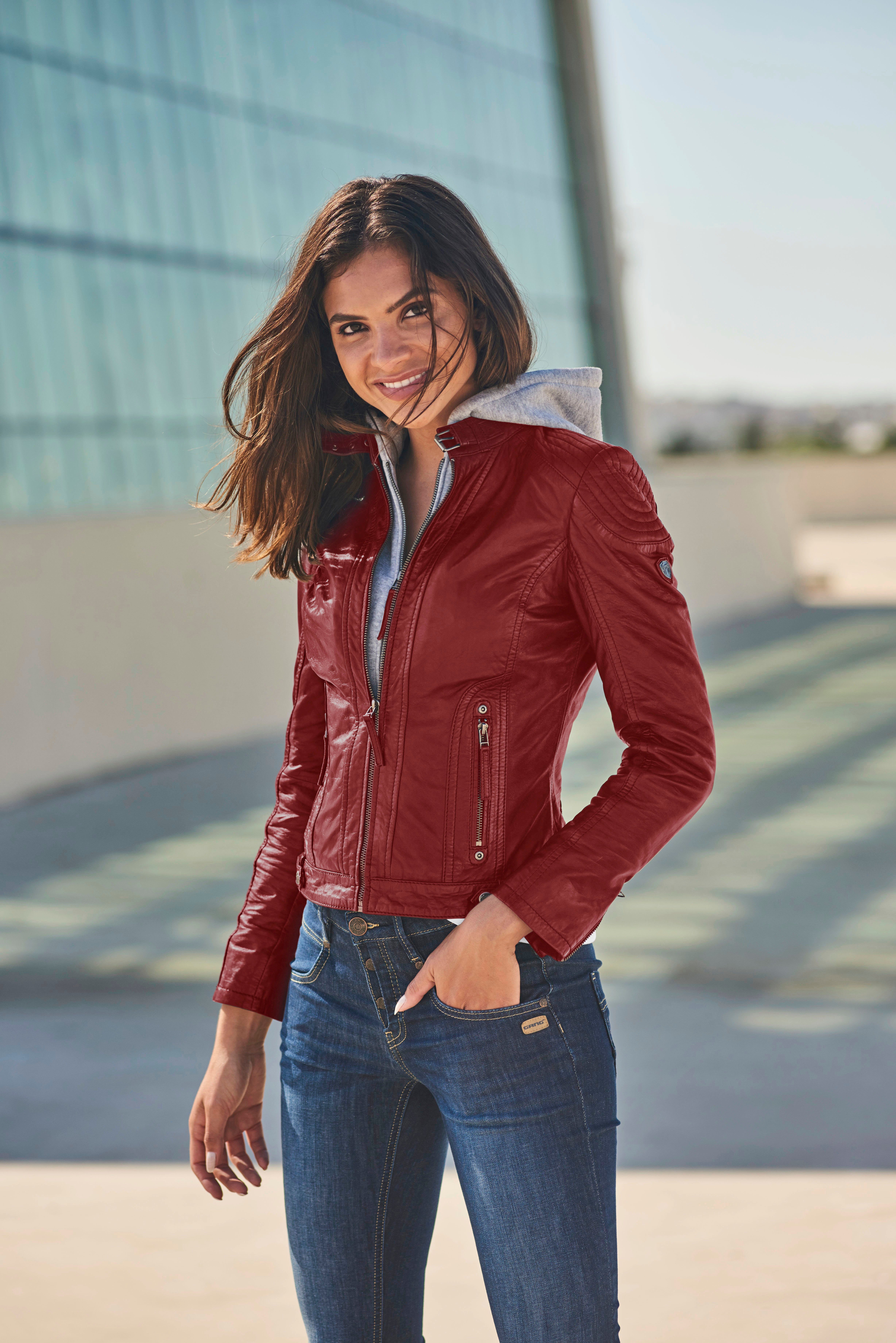 Gipsy Lederjacke Junja mit abnehmbarem Kapuzen-Einsatz und aufwendigen Biker-Details red