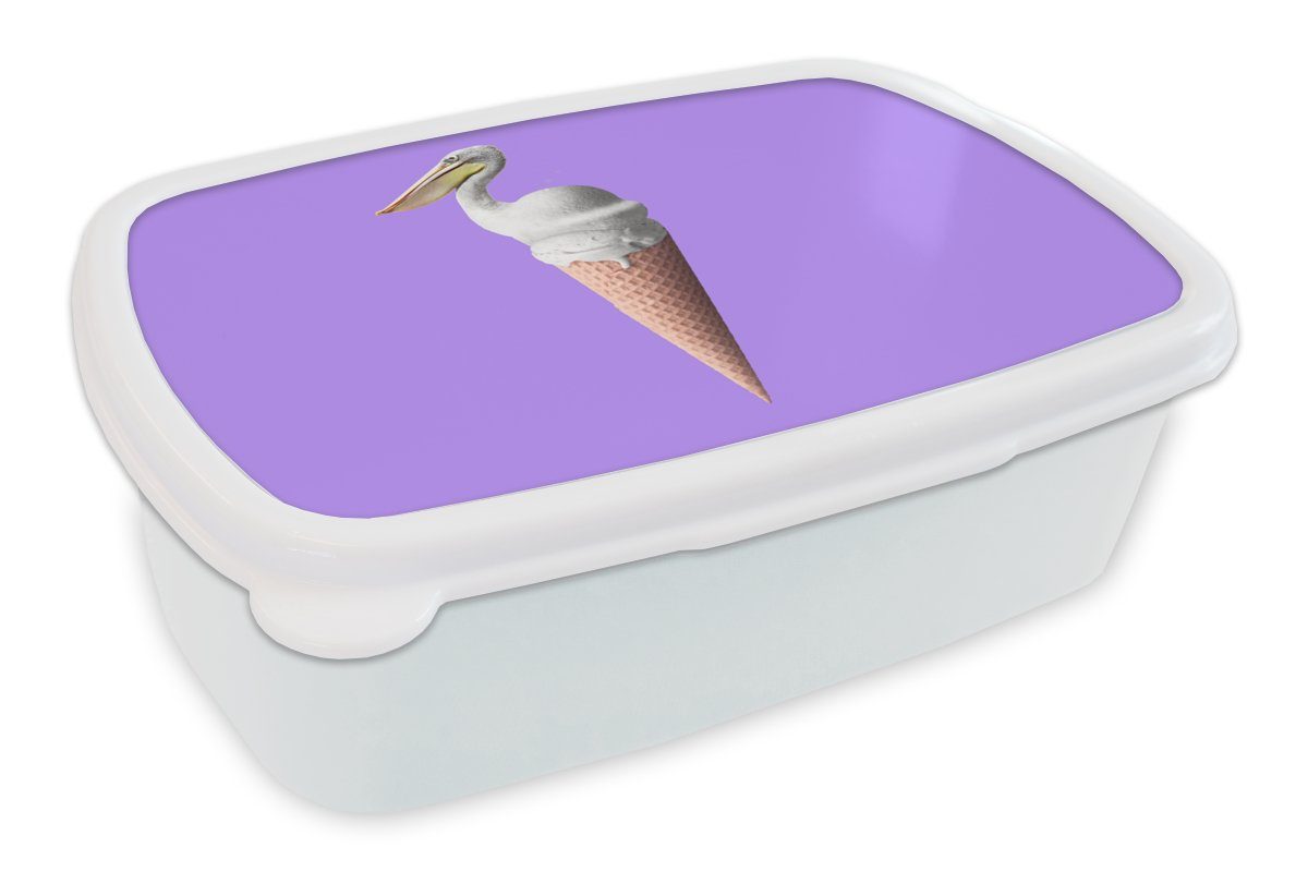MuchoWow Lunchbox Eis - Vogel - Pelikan - Weiß - Eiswaffel, Kunststoff, (2-tlg), Brotbox für Kinder und Erwachsene, Brotdose, für Jungs und Mädchen | Lunchboxen