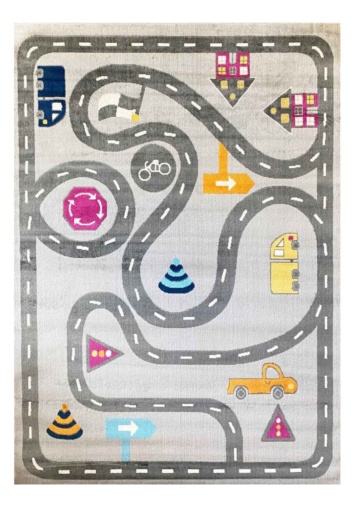 Vimoda Kinderteppich Auto Strasse muster, Rechteckig, Höhe: 8 mm, Spielteppich Auto Verkehr Bus Straße Muster in Blau & Grau