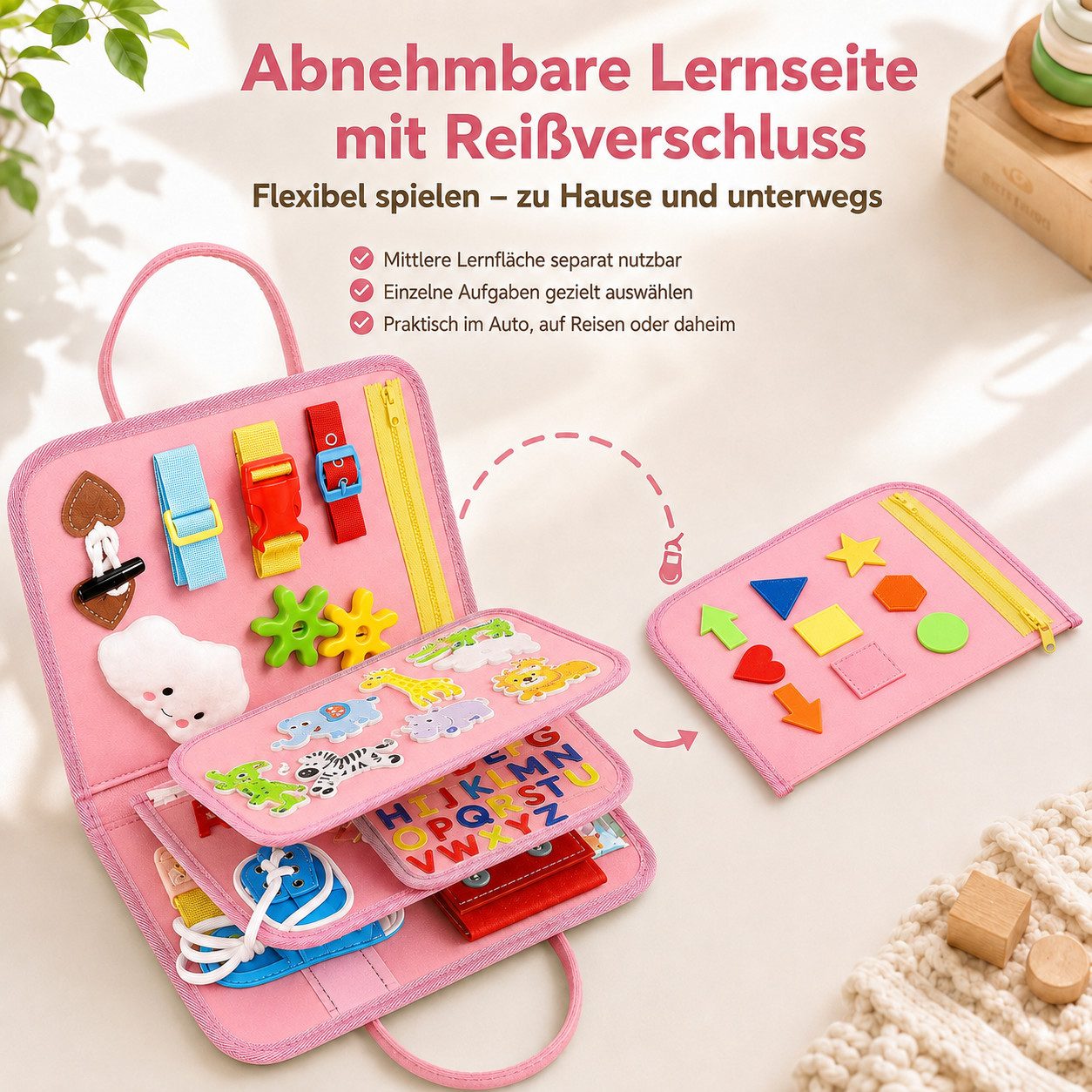 Fyrove Lernspielzeug Montessori Busy Board ab 10 Monaten, Filz-Lernspielzeug (Reißverschluss, Schnallen, Zahlen, Buchstaben, Formen, Uhr & Datum, tragbares Lern – Bild 2 von 5