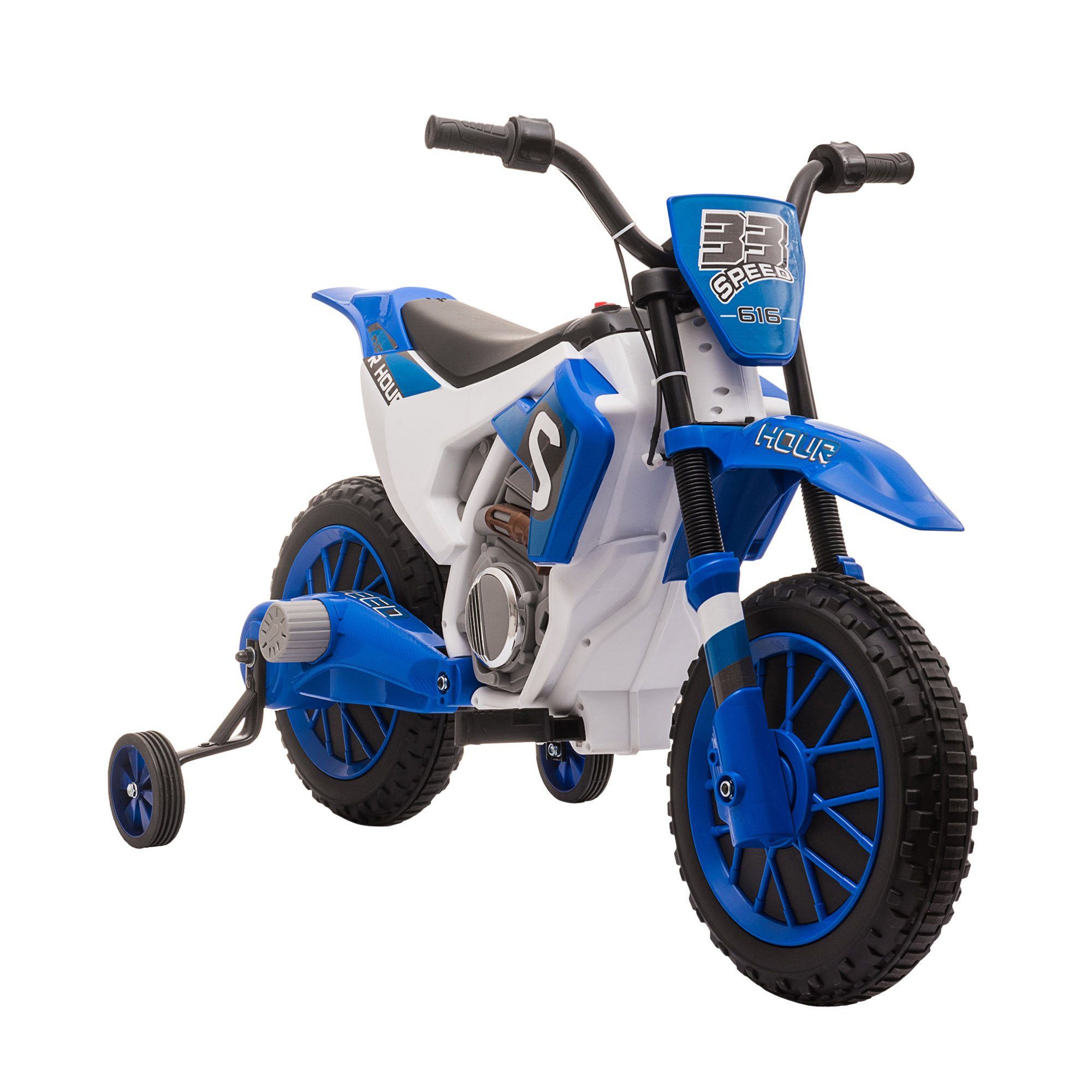 HOMCOM Elektro-Kindermotorrad Elektrofahrzeug mit 2 abnehmbaren Stützrädern ab 3 Jahre Blau+Weiß, Belastbarkeit 30 kg, (1-tlg), 106.5L x 51.5B x 68H cm