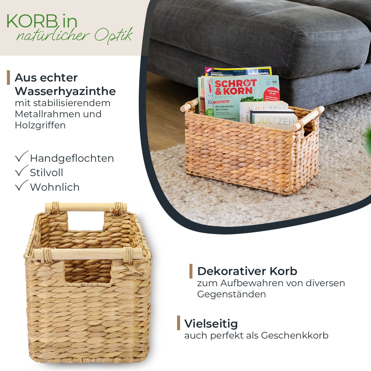 HMF Aufbewahrungskorb Aufbewahrungskorb geflochten aus Wasserhyazinthe, Korb mit (1 St), mit Holzgriffen für Bad, Küche und Wohnbereich, 37 x 22 x 20 cm – Bild 2 von 5