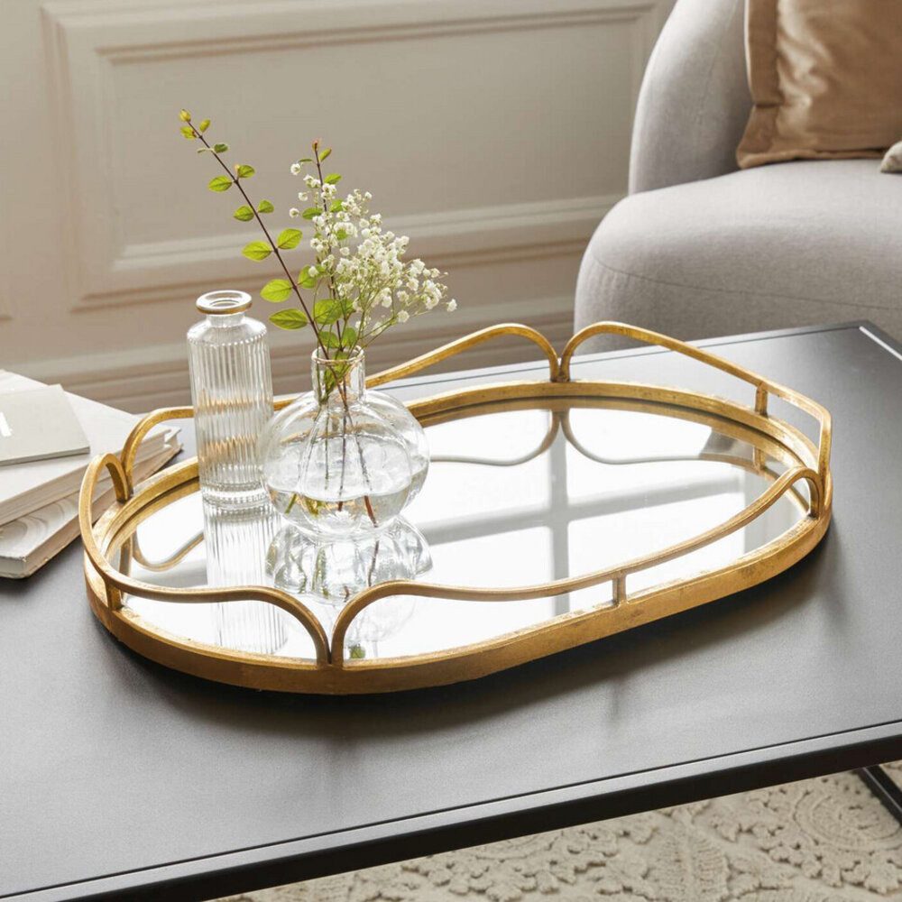 Home-trends24.de Dekotablett Spiegeltablett Tablett Deko Gold Spiegelfläche Antik Elegant Groß 50cm