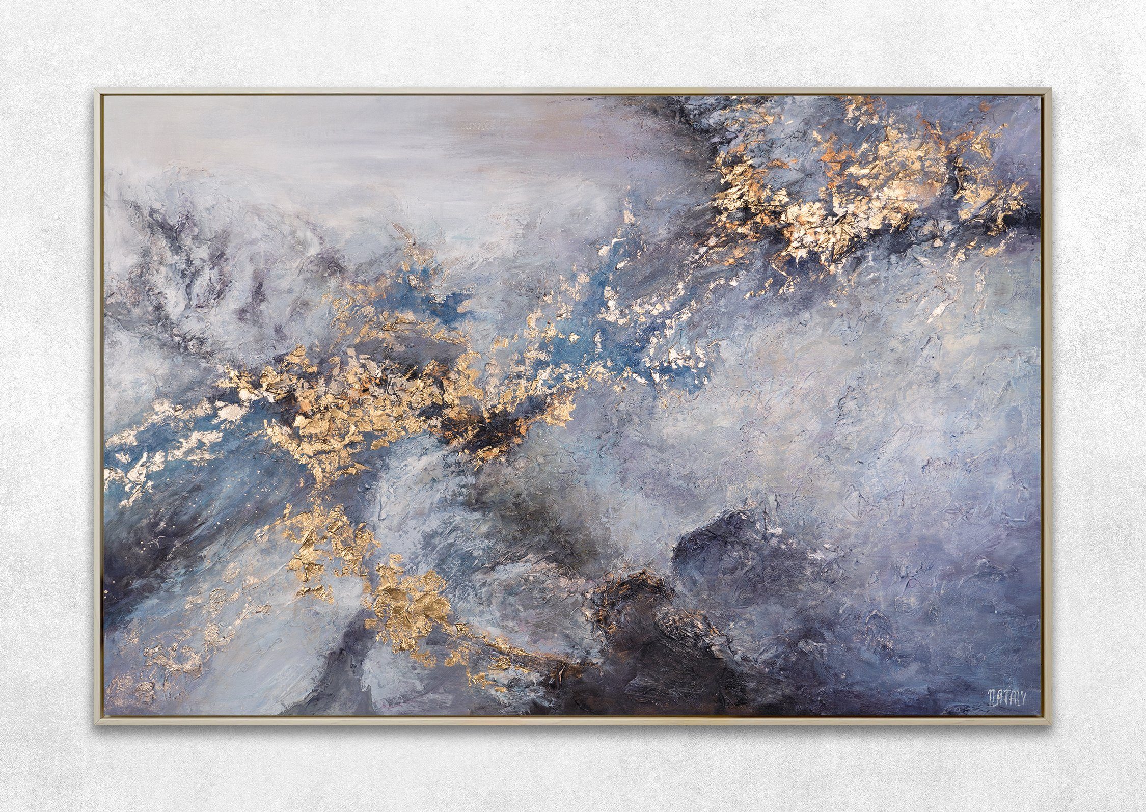 YS-Art Gemälde Rahmen Bild Abstrakt, Abstraktes Gold Beige Weiß Mit in Handgemalt Ranaissance, Blau Leinwand