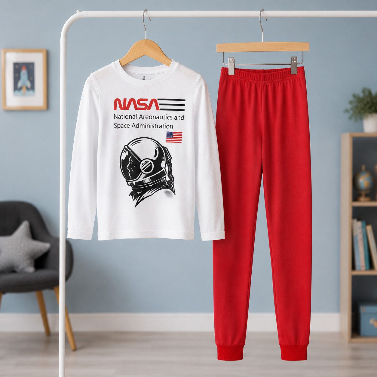 NASA Schlafanzug NASA Space Center Jugend Jungen langarm Pyjama Gr. 134 bis 164, 100% Baumwolle