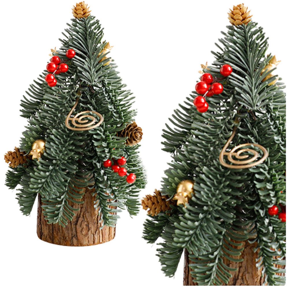 LEAN TOYS Dekobaum Weihnachtsbaum Tischdeko Winterdekoration (Spar-Set, 1 St., 26 x 12 cm handgefertigt), handgefertigt, Holzsockel, Beeren, Goldakzente
