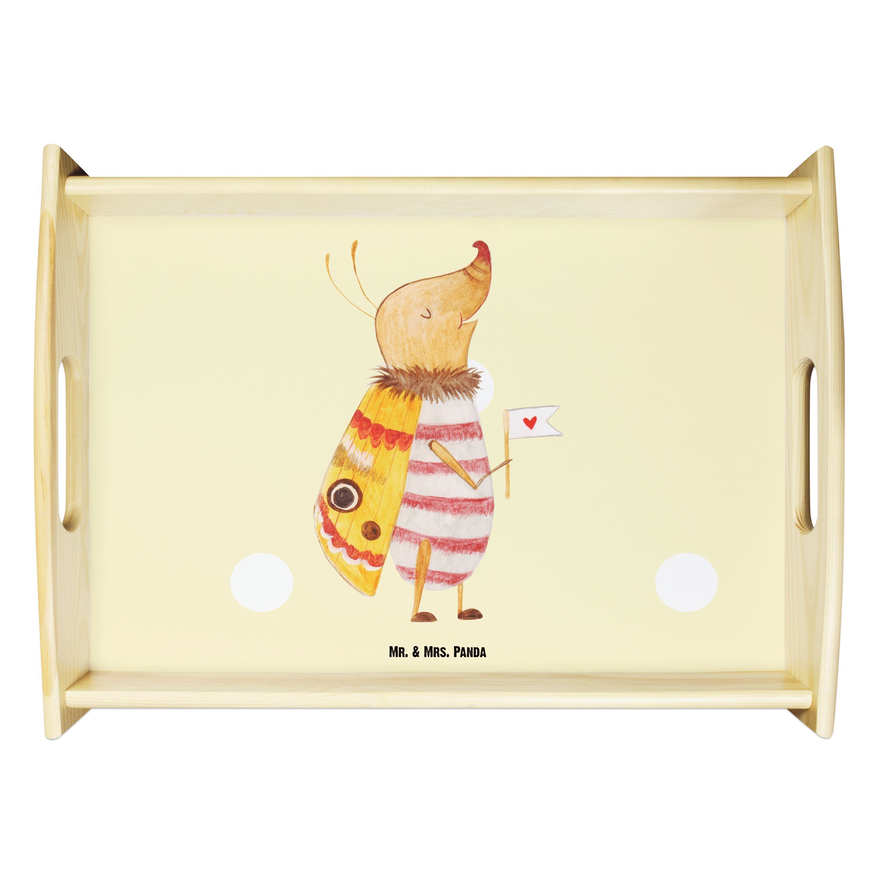 Mr. & Mrs. Panda Tablett lu, - Echtholz Fähnchen Gelb lasiert, Pastell - Geschenk, (1-tlg) mit Nachtfalter Küchentablett
