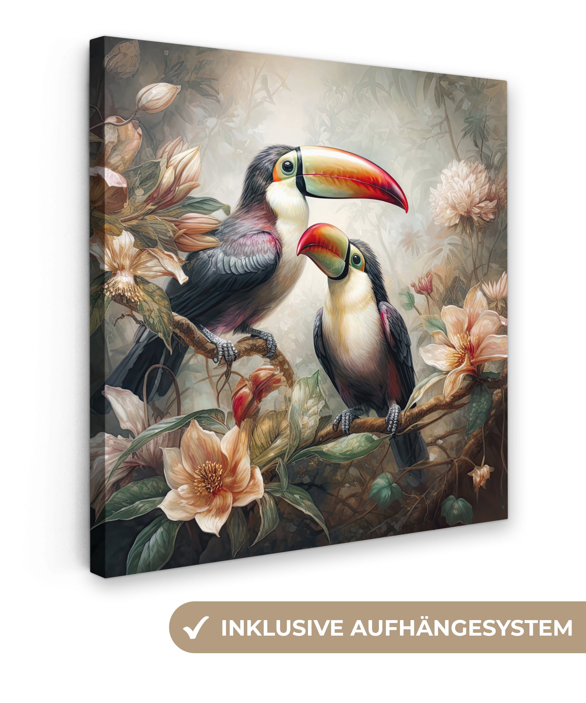 Leinwandbild Tukan - Vögel - Blumen - Dschungel