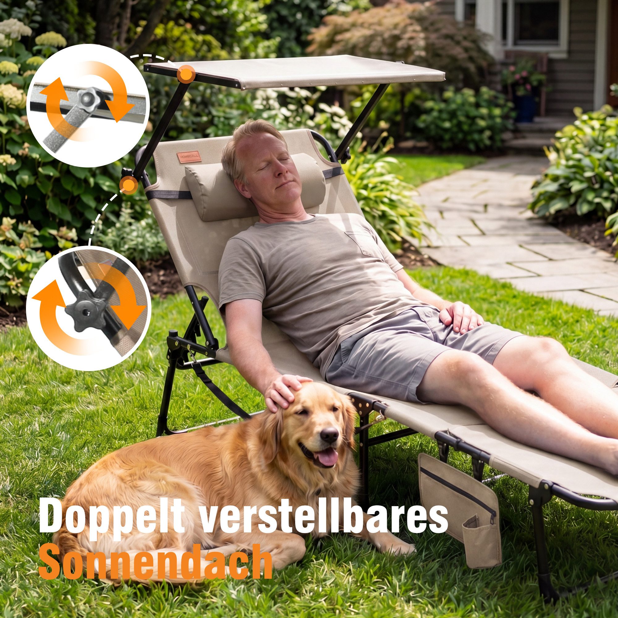 HOMECALL Gartenliege Sonnenliege mit Gesichtsöffnung und Sonnendach, klappbarer Liegestuhl, bis180 kg 200x70cm 4-Fach verstellbare Rückenlehne, 1 St., für Garte – Bild 4 von 5
