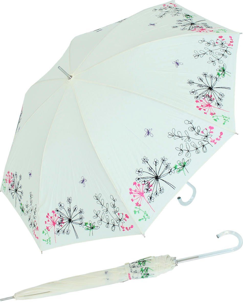 doppler® Langregenschirm Sonnen und Regenschirm UV Schutz - Lady Butterfly, der Rand ist wunderschön mit Wiesenblumen bestickt, der Griff besteht aus transparentem Kunststoff weiß