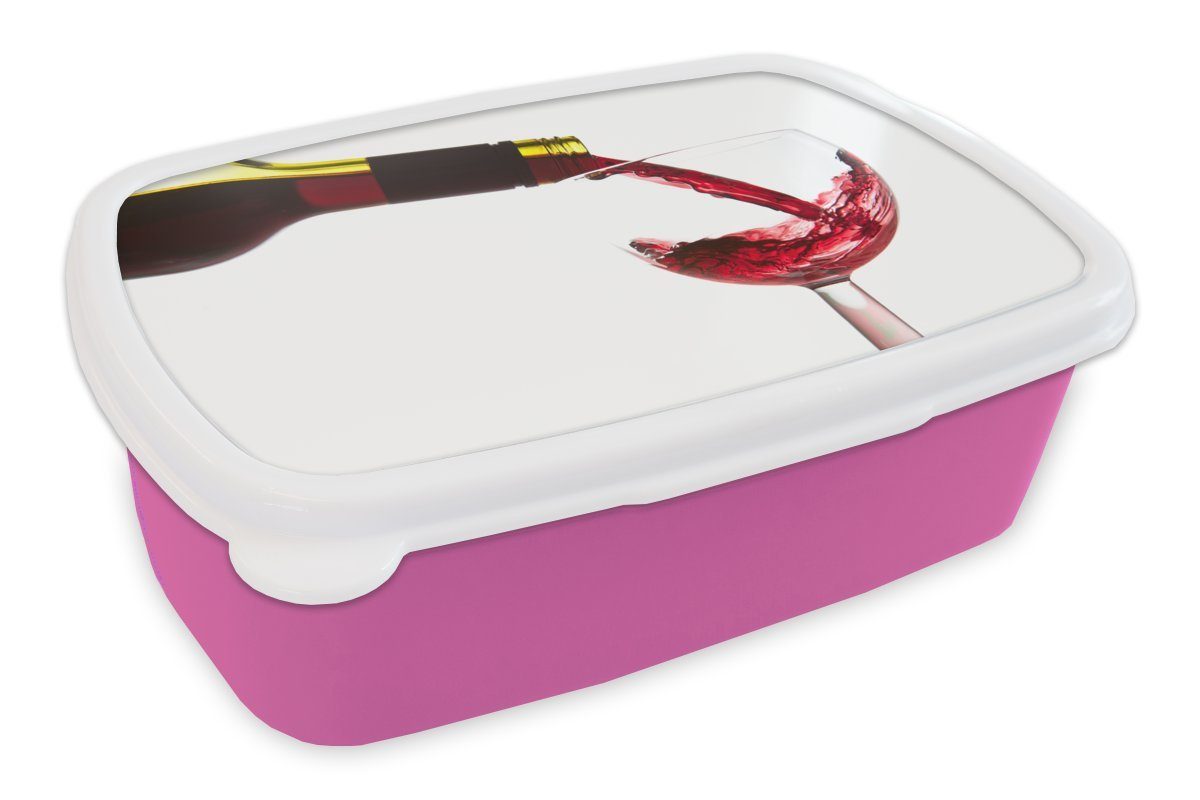 MuchoWow Lunchbox Rotwein in ein Weinglas gegossen, Kunststoff, (2-tlg), Brotbox für Erwachsene, Brotdose Kinder, Snackbox, Mädchen, Kunststoff rosa