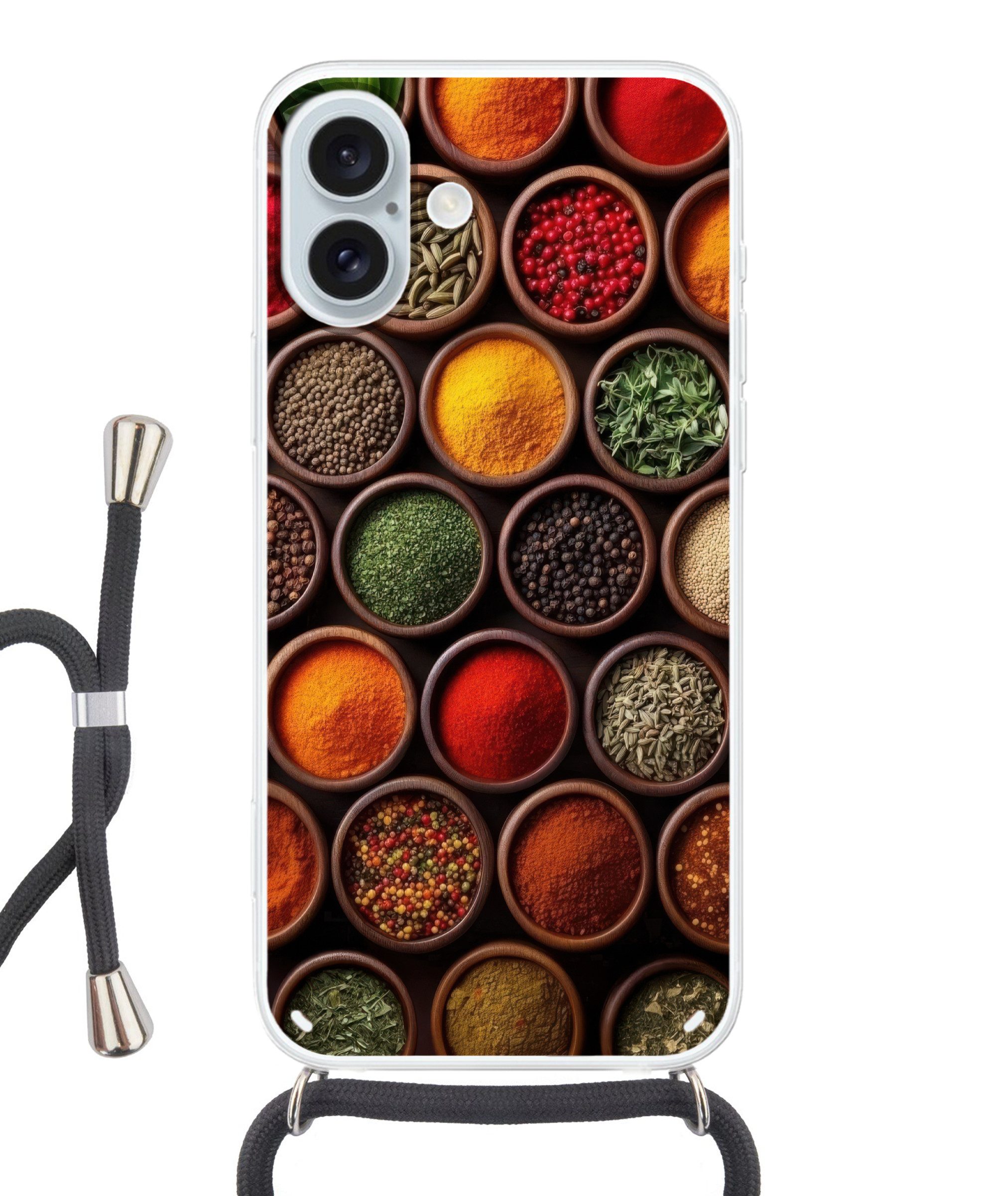 MuchoWow Handyhülle für Apple iPhone 16 Plus Tabletts - Holz - Kräuter - Farbenfroh, Tragbare Handyhüllen mit Kette zum umhängen, Handykette Handyband