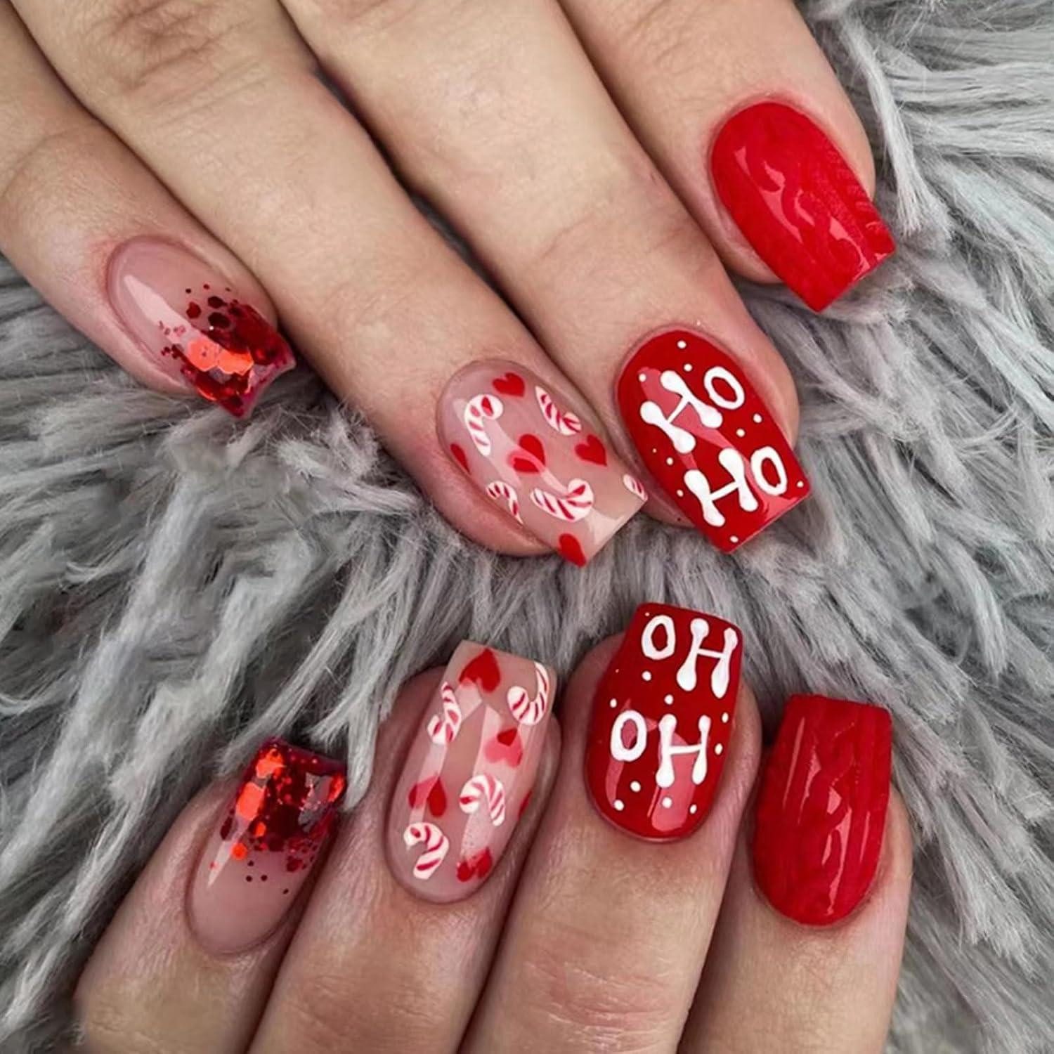 Kunstfingernägel 24 Stück Weihnachts Nägel Aufkleben Rot Glitzer Acryl Full Cover Press