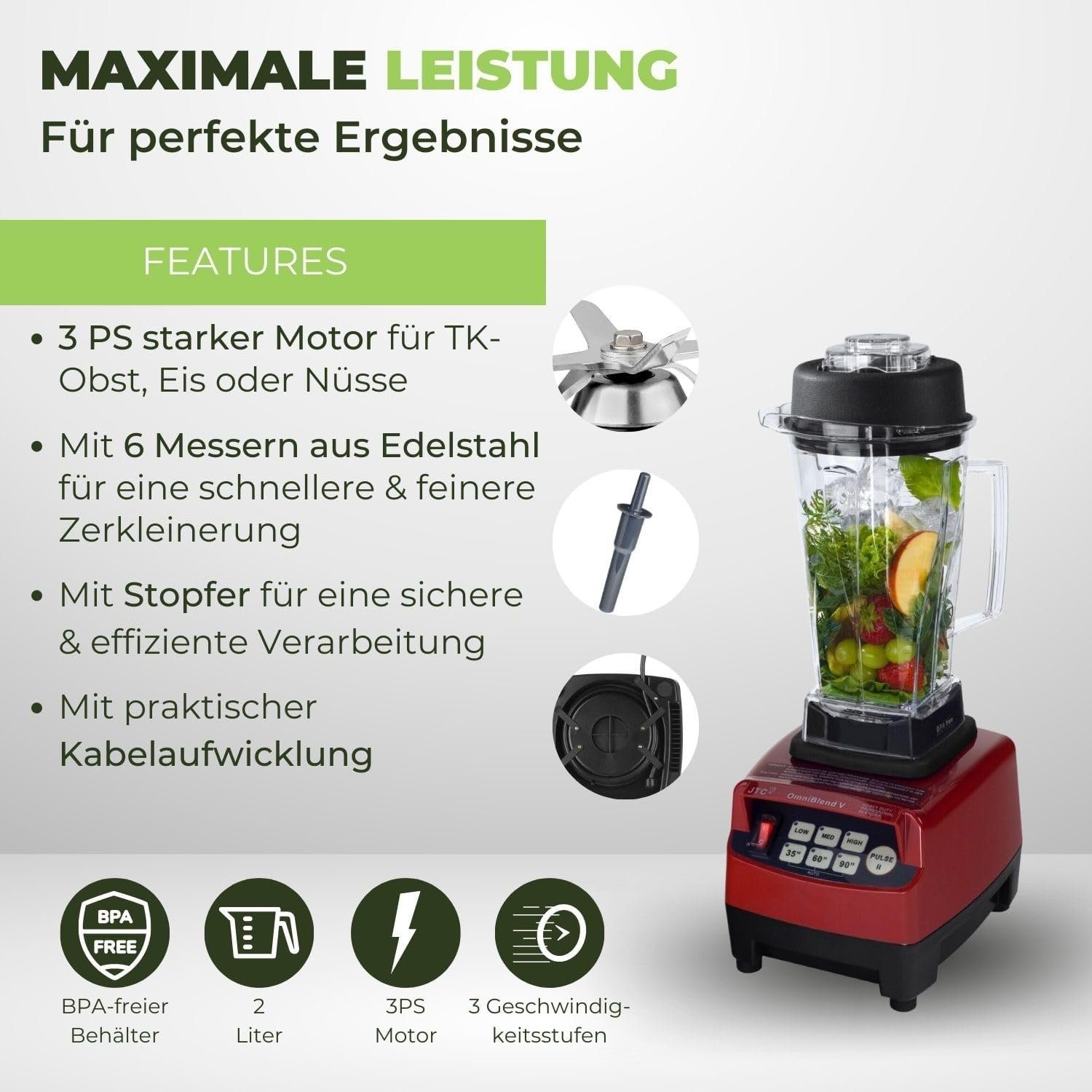 OmniBlend Standmixer JTC Omniblend V TM-800 Hochleistungsmixer Standmixer Smoothiemaker, 1200,00 W