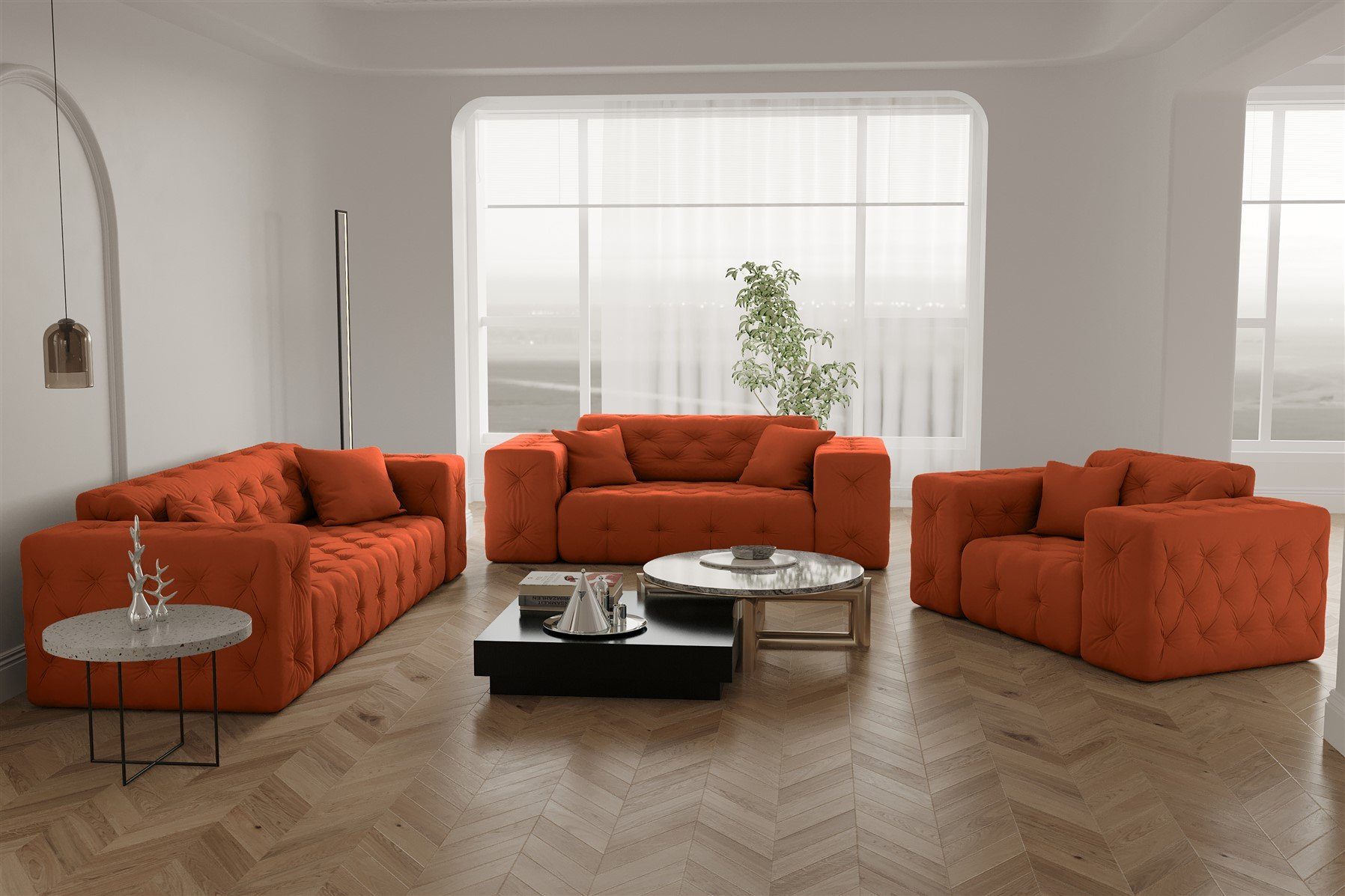 Fun Möbel Polstergarnitur Sofaset Designersofa CHANTAL 3-2-1 in Stoff Opera Velvet, (Sofaset Designersofa CHANTAL 3-2-1 in Stoff Opera Velvet) Orange