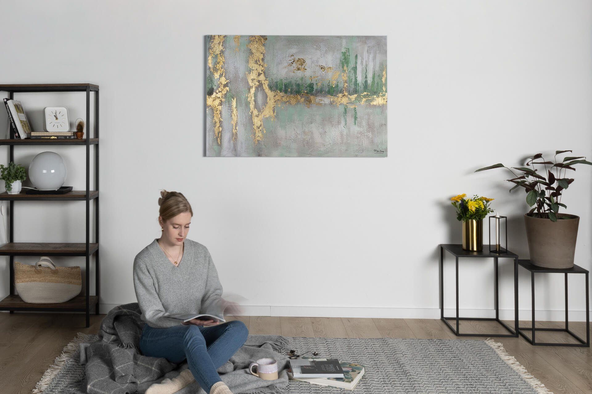 KUNSTLOFT Gemälde Riverside Stroll 120x80 cm, Leinwandbild 100% HANDGEMALT Wandbild Wohnzimmer