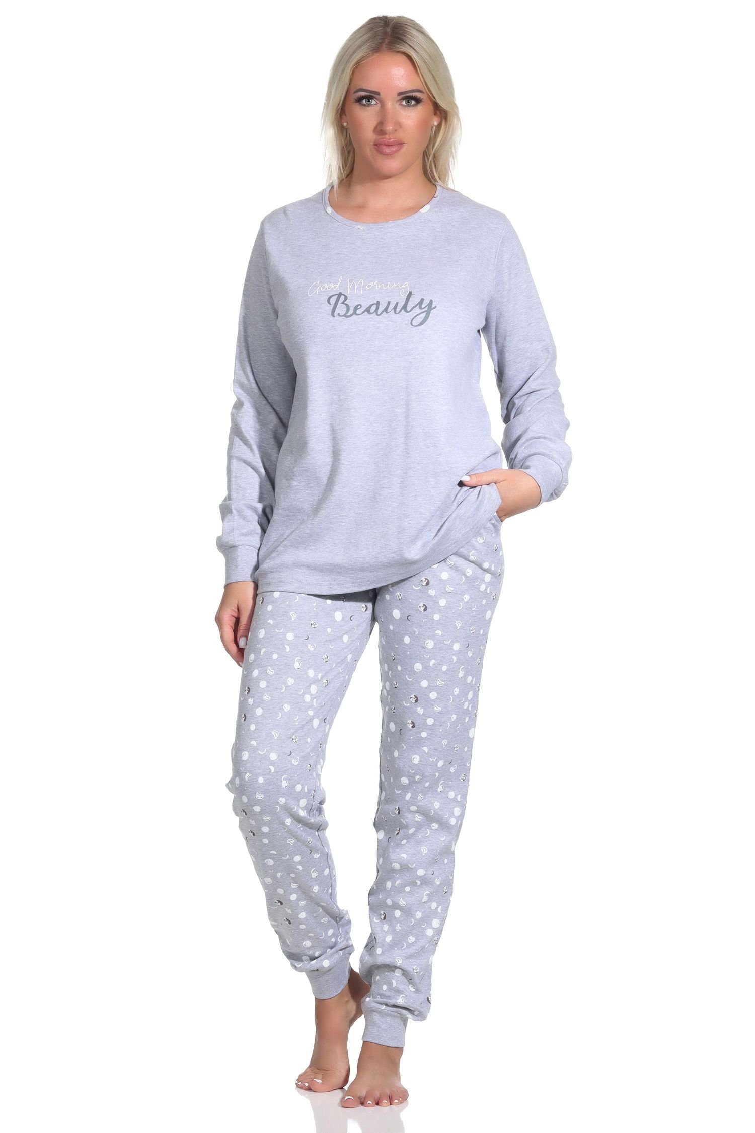 Normann Pyjama Damen Schlafanzug lang mit Bündchen in Kuschel Interlock Qualität grau-melange