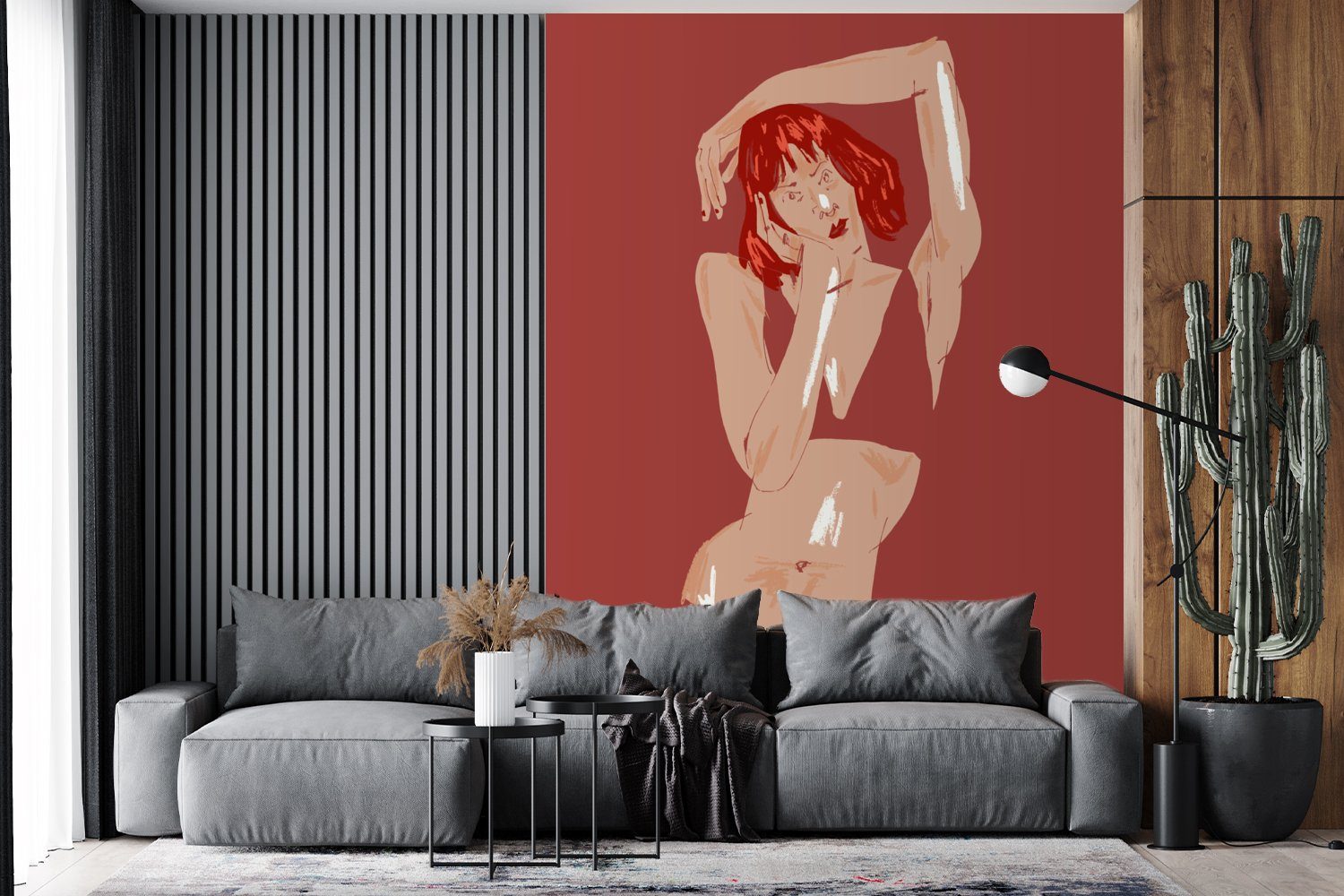 - Rot Frau - MuchoWow (4 Wohnzimmer, Matt, für Abstrakt bedruckt, - Tapete Porträt, Wandtapete Fototapete St), Vinyl Montagefertig