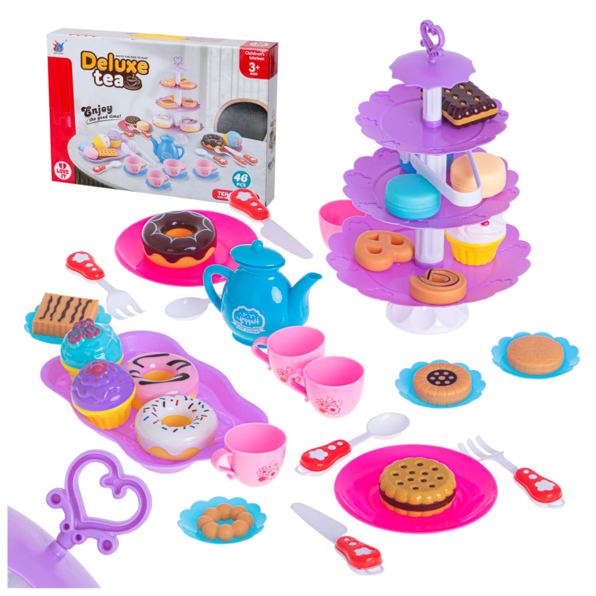 Ikonka Spiel-Kochgeschirr Kinder Kaffeeservice Set 46 Teile Geschirr Kuchen günstig online kaufen