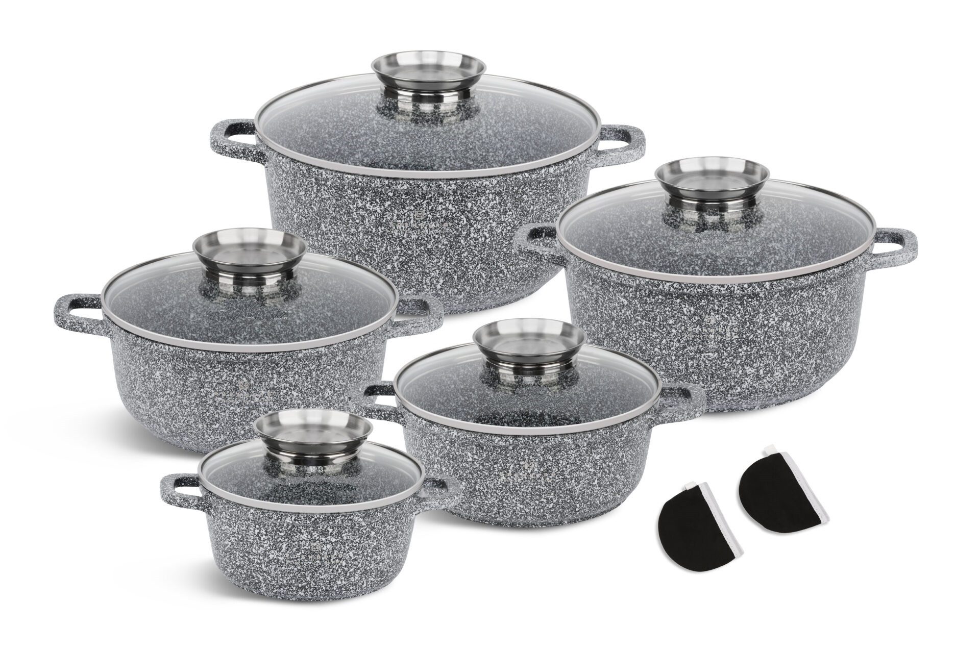 KlönBerg Topf-Set Wunderschöne Töpfe mit Steinbeschichtung in 5 verschiedenen Größen, Aluminiumguss, Keramik, Edelstahl (Passt in jede Küche! 1.2L / 2.3L / 3.2L / 4.5L / 5.5L, 10-tlg., Es ist eine perfekte Geschenkidee für jeden Anlass), Innovative Aroma Knob-Griffe