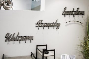 möbelando Wandgarderobe Family 18, Wandgarderobe Rahmen aus Metall schwarz lackiert, Schriftzug aus MDF in silber lackiert, mit 5 Garderobenhaken