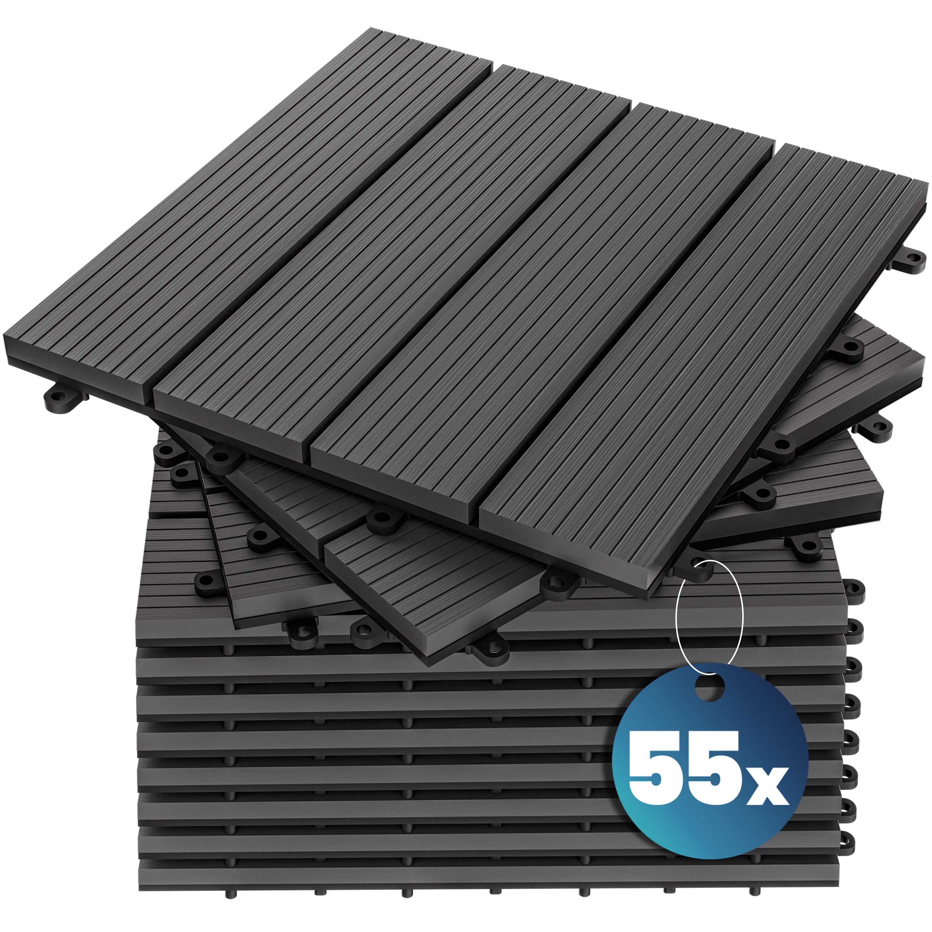 Casaria Holzfliesen 55x Klassik Anthrazit, Terrassenfliesen 1-6m² WPC Fliesen Balkon Garten Verschiedene Farben