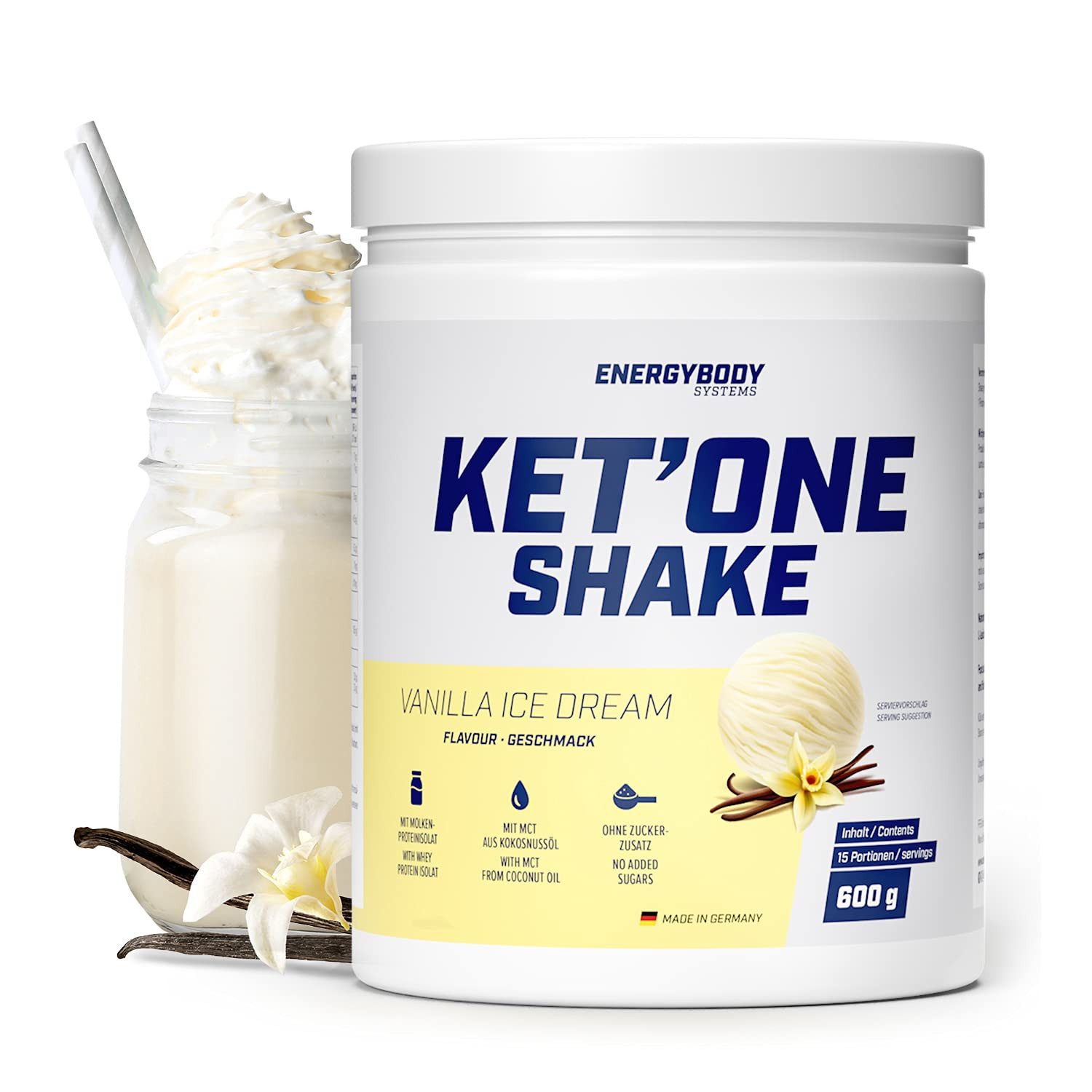 Energybody Systems KET'ONE Keto Shake mit MCT und Whey Protein Isolat Pulver, zuckerarm, für ketogene Ernährung