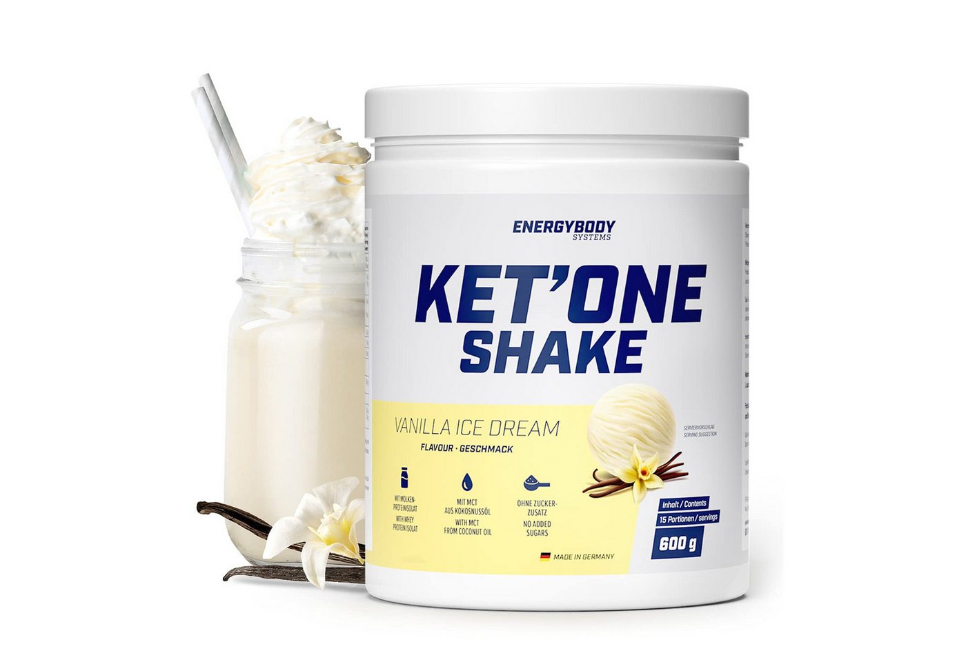 Energybody Systems KET'ONE Keto Shake mit MCT und Whey Protein Isolat Pulver, zuckerarm, für ketogene Ernährung