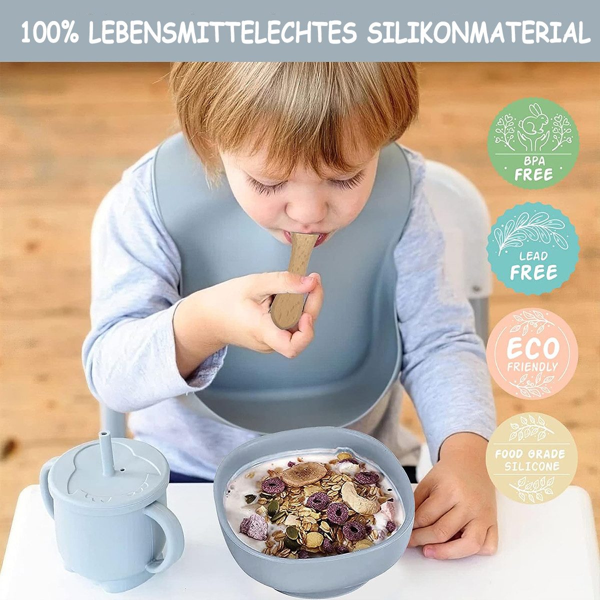 KINSI Kindergeschirr-Set Kindergeschirr-Set 8-teilig, Silikongeschirr, Eichhörnchen-Design, 1 Personen, rutschfestes, Löffel-, Gabel-, Schüssel-, Teller- und Be – Bild 4 von 5