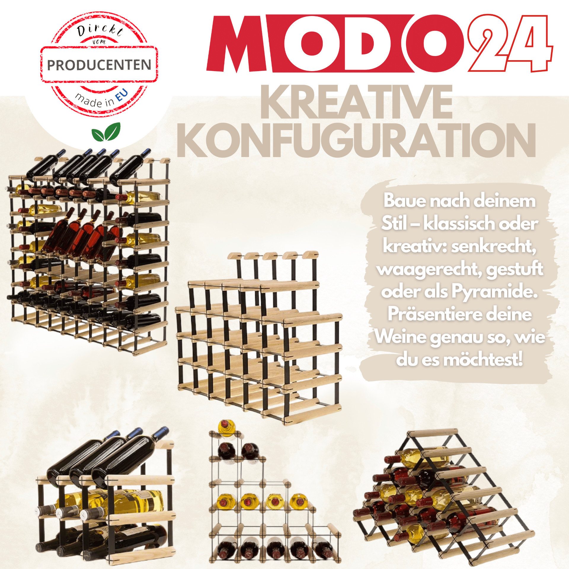Modo24 Weinregal RW8 Flaschenregal Metall - Holz Flaschenständer 1 bis 81 Flaschen, Weinregal Modular Flaschenregal Weinständer Flaschenständer