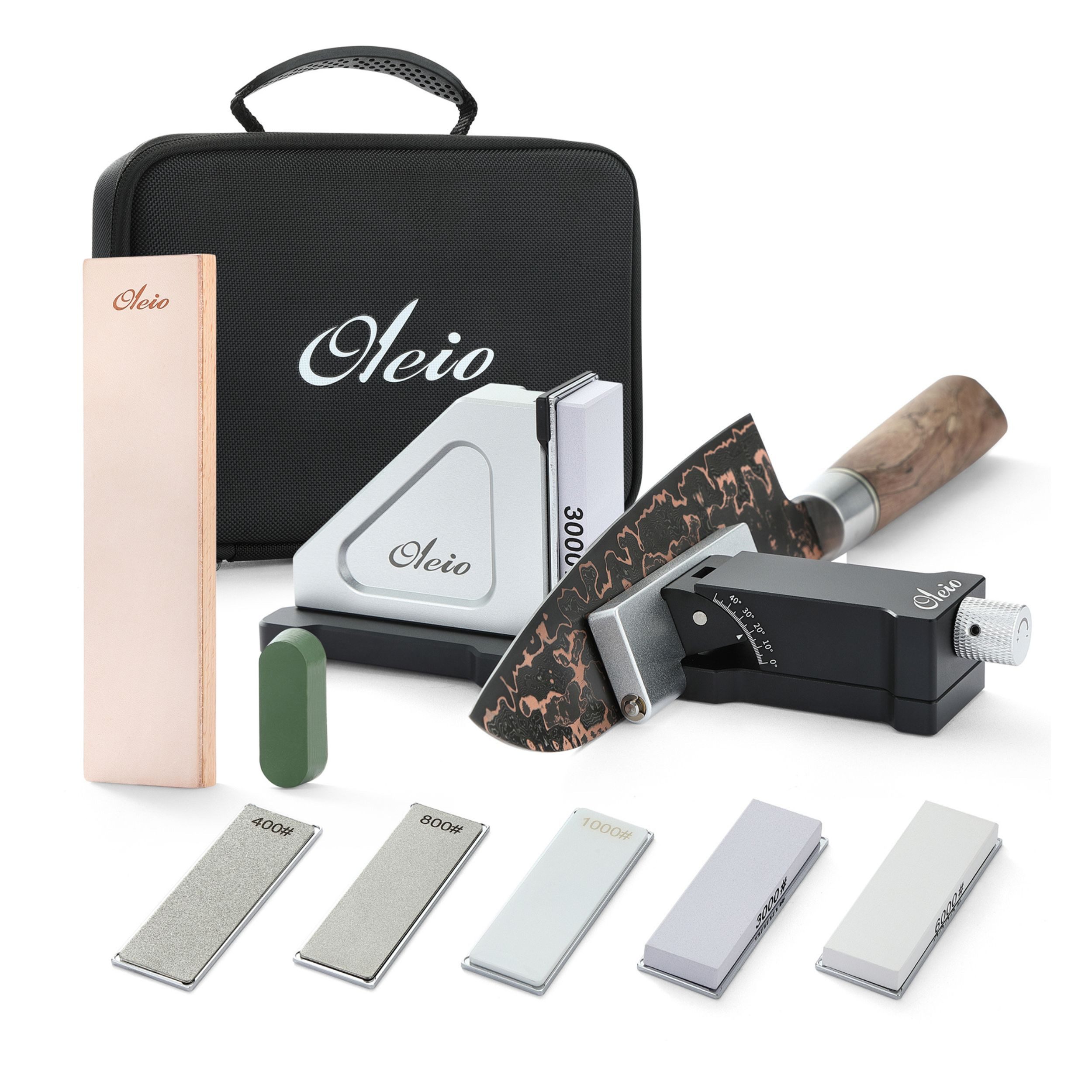Oleio Messerschärfer Rollschleifer-Set stufenlos einstellbar 5 Schleifplatten + Abziehleder, Stufenlos einstellbarer Schleifwinkel
