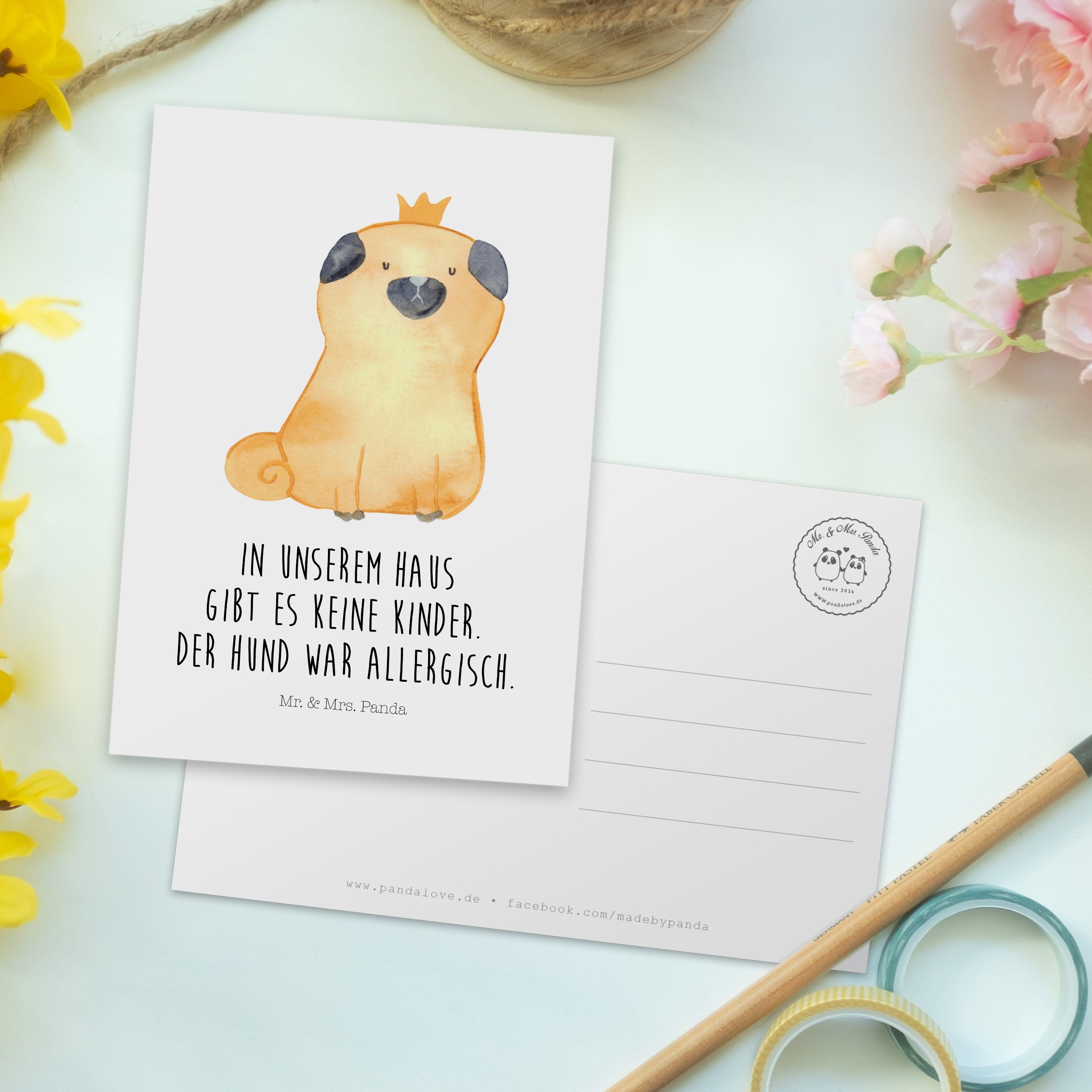 Mr. & Mrs. Panda Postkarte Haustier, Grußkarte, Mops Krone - Weiß Einladung, - Geschenk, Geburts