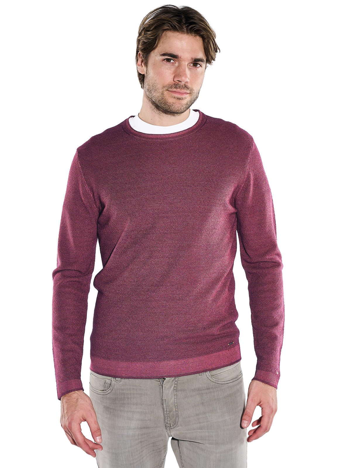 emilio adani Wollpullover Herren Merino-Pullover mit Reiskorn-Struktur, Dunkelrot