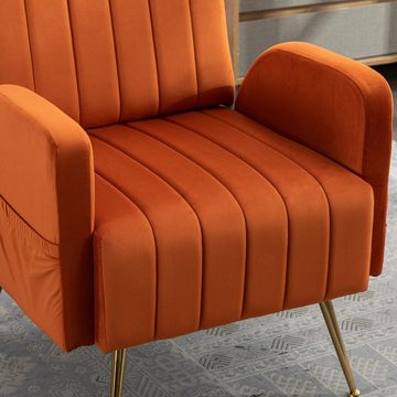 HAUSS SPLOE Loungesessel Schlafsessel Sessel chaiselongue Freizeitstuhl Relaxsessel Orange (mit eitentaschen, Samt), mit goldenen Füßen