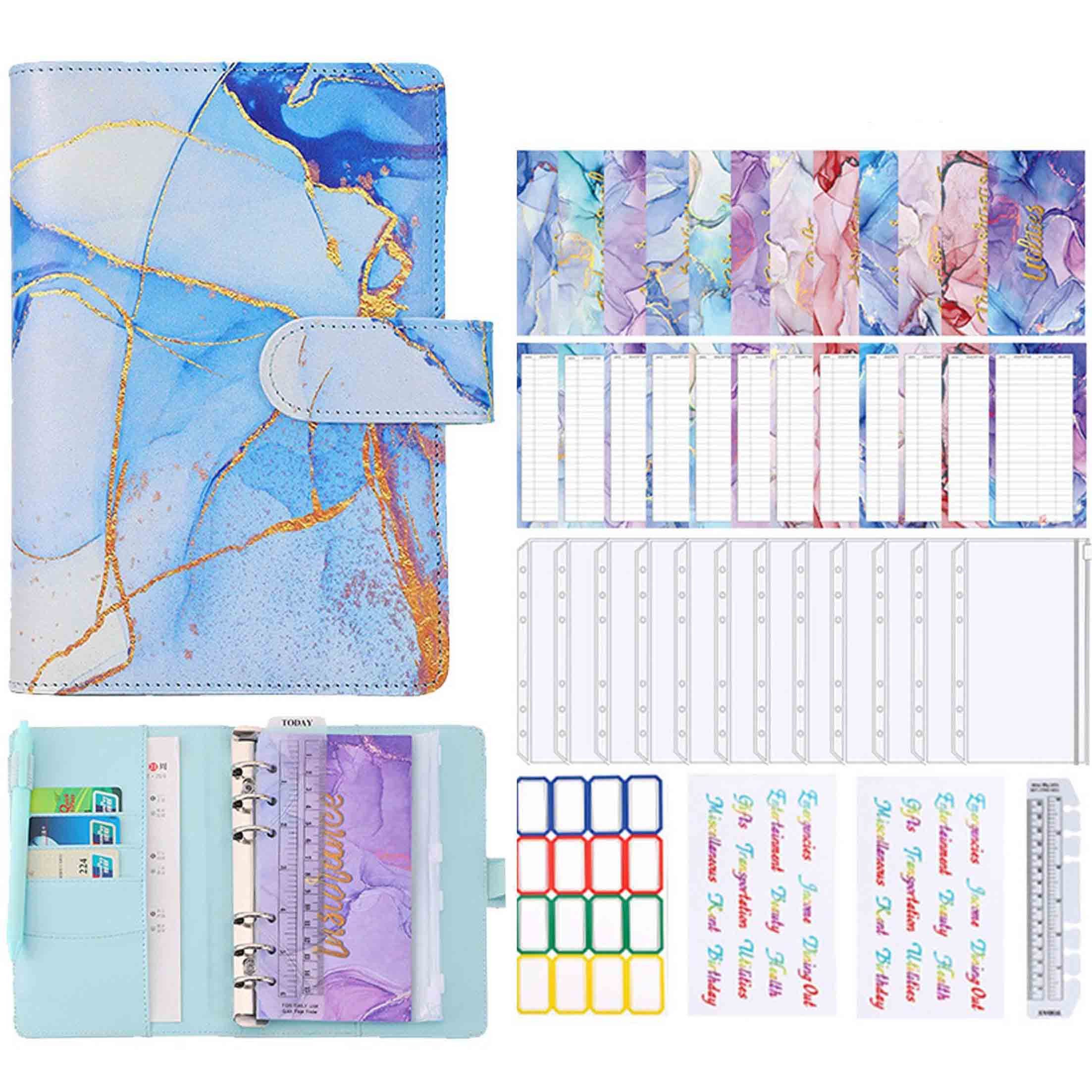 KINSI Ringbuchmappe Marmoriertes Notizbuch, 6-Loch-Loseblatt, A6-Budget-Notizbuch (Set), Reisetagebuch mit Magnetknopf und Stifthalter