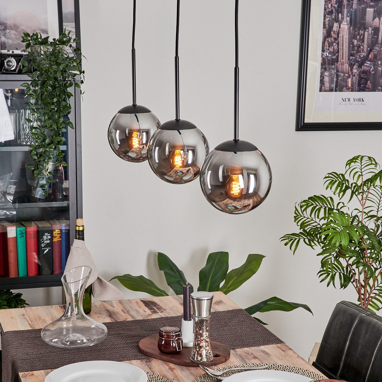 hofstein Hängeleuchte Hängelampe aus Metall/Glas in Schwarz/Rauchfarben, ohne Leuchtmittel, mit Schirmen aus Glas (15 cm), 3 x E14, ohne Leuchtmittel