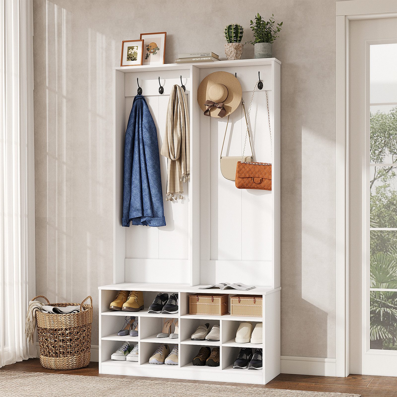 VOWNER Garderobenständer Weiß, Flurgarderobe mit Sitzbank, Schuhablage und Haken, (1 St), Kompakte Garderobe 100x35x180 cm für Flur und Eingang