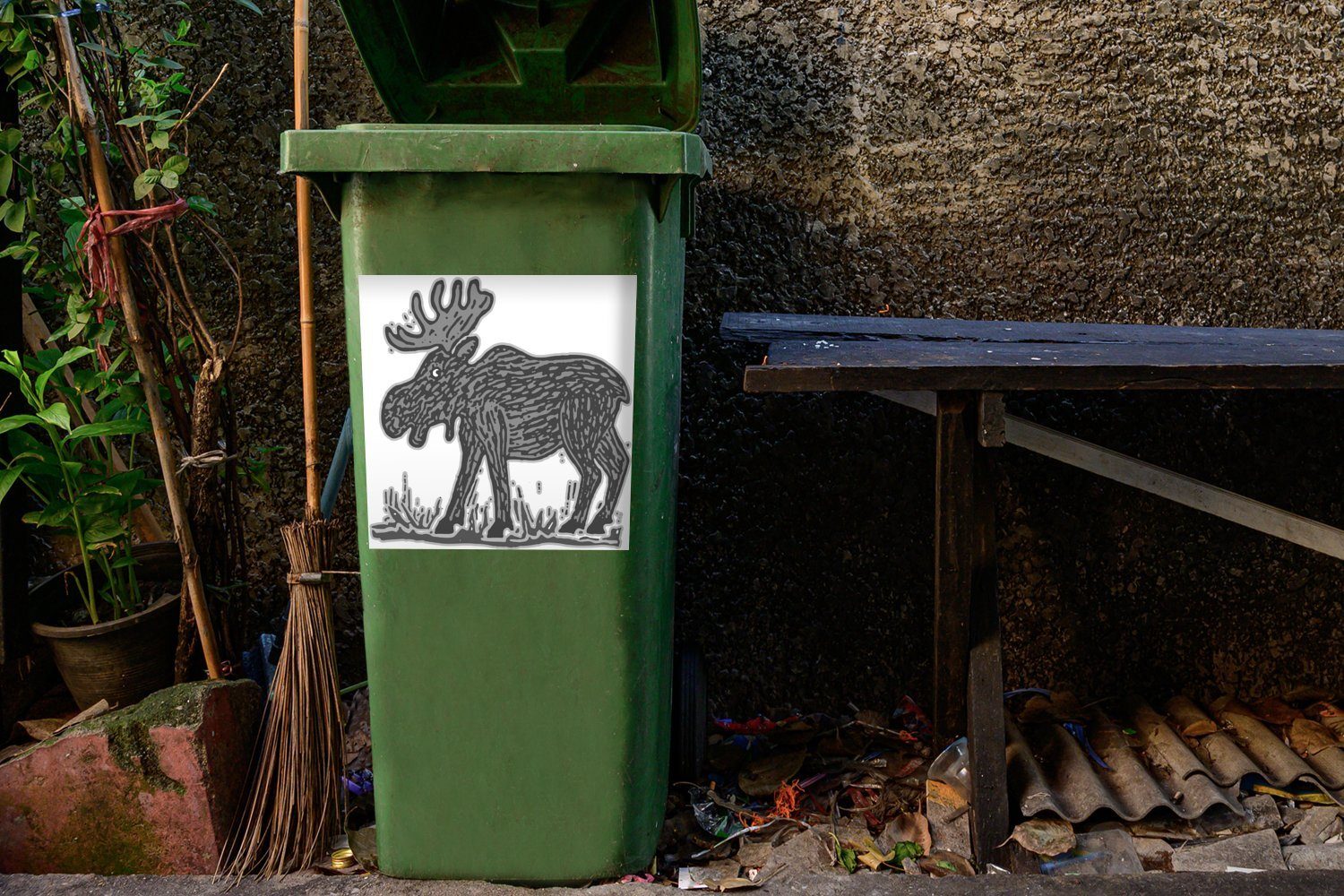 MuchoWow Wandsticker Eine Illustration Mülltonne, St), Sticker, (1 Hintergrund Container, mit Elchs Abfalbehälter Wasser weißem - im Mülleimer-aufkleber, eines