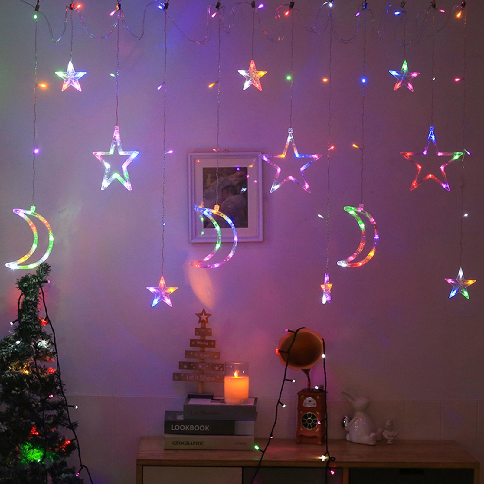 120LEDs, Ramadan Stern Zelt Weihnachten, Mond, LED-Lichtervorhang für Schlafzimmer 3M batterie Deko; wasserdicht, Mehrfarbig Party Camping Rosnek