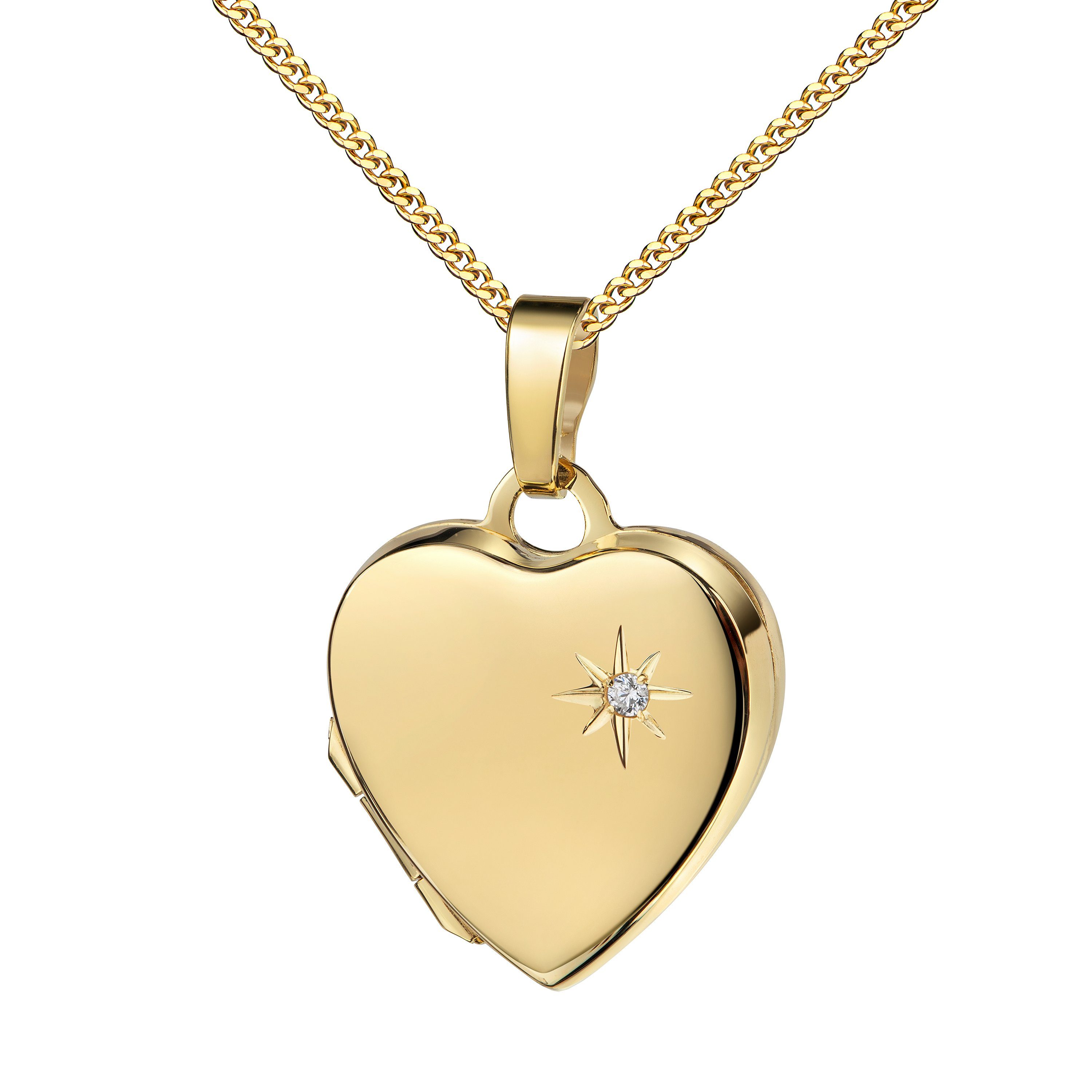 JEVELION Kette mit Anhänger Brillant Herz Anhänger 585 Gold Medaillon für 2 Bilder Herzkette (Foto Amulett, für Damen und Mädchen), Mit Halskette vergoldet. Länge wählbar 36-70 cm oder ohne Kette