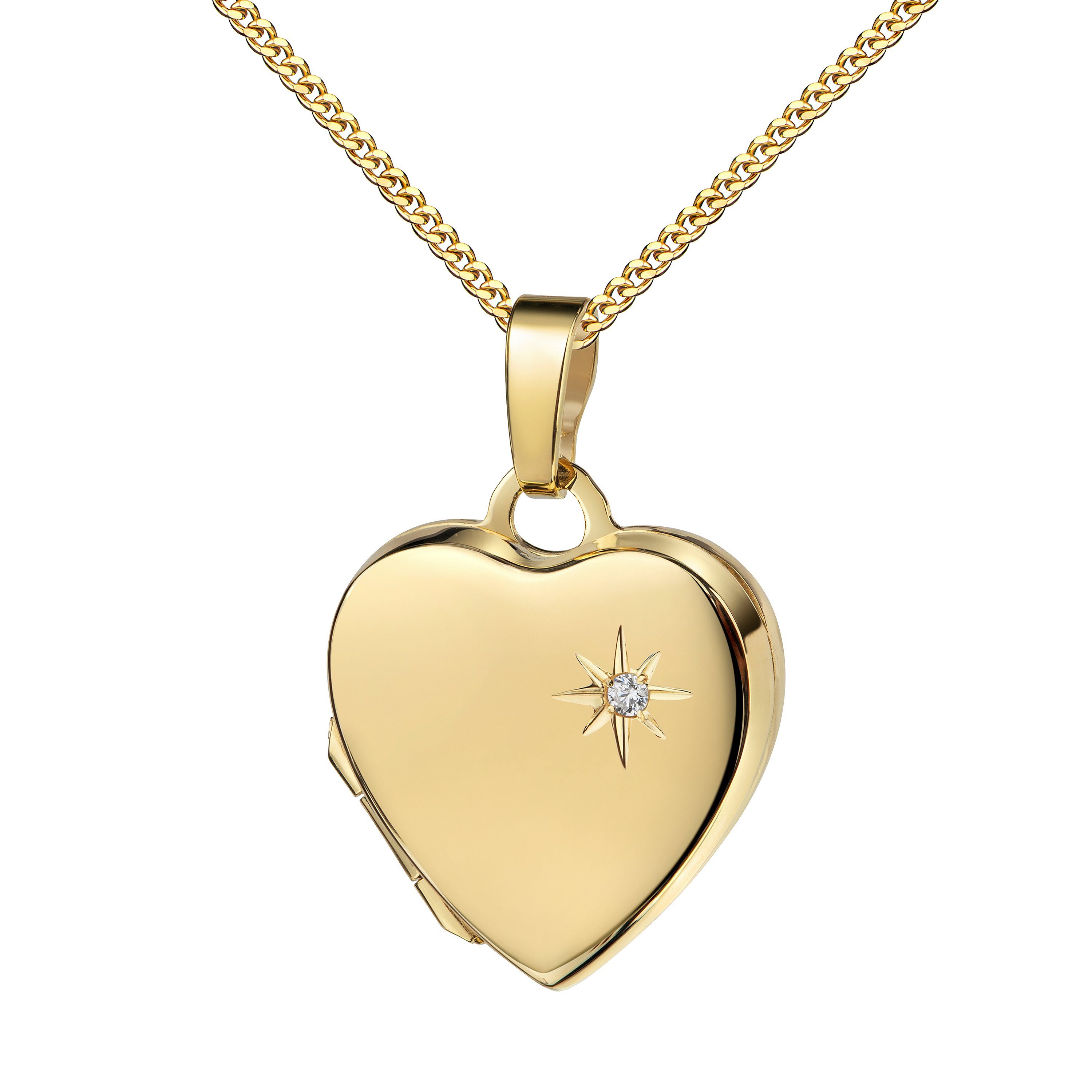 JEVELION Medallionanhänger mit Brillant Herz Anhänger 750 Gold Medaillon für 2 Bilder Herzkette (Foto Amulett, für Damen und Mädchen), Mit Halskette vergoldet - Länge wählbar 36 - 70 cm oder ohne Kette.
