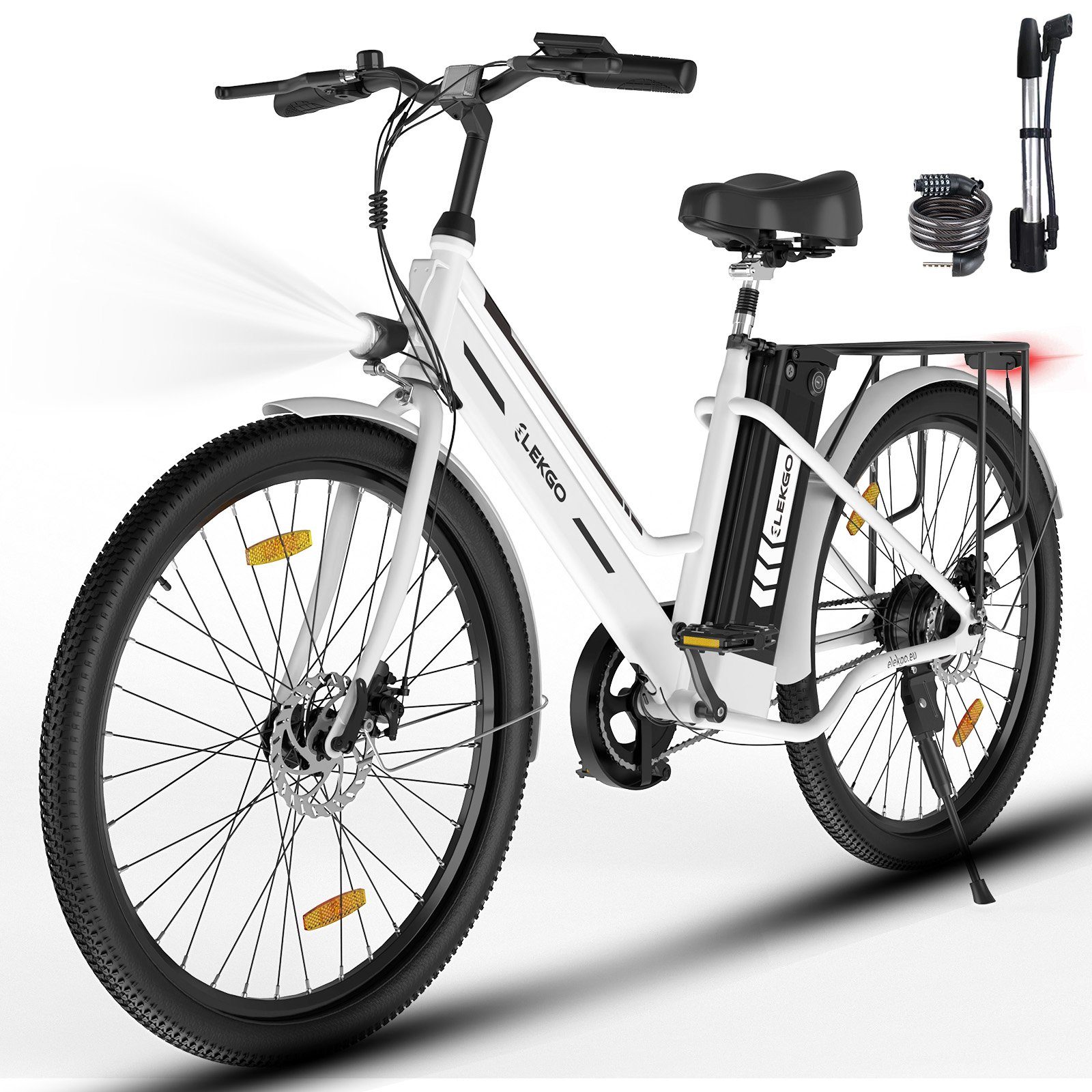 ELEKGO E-Bike 26 Zoll City Elektrofahrrad Pedelec, mit 36V 8,4Ah Akku, 35-70 km, 1 Gang, 250W Heckmotor Weiß | E-Citybikes