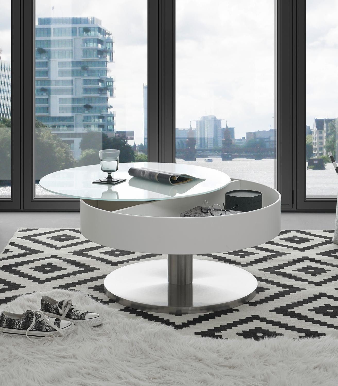 Couchtisch SUVA, Edelstahlfarben, Weiß, MDF, Metall, Tischplatte aus Glas, drehbare Deckplatte, Ø 79 x H 40 cm