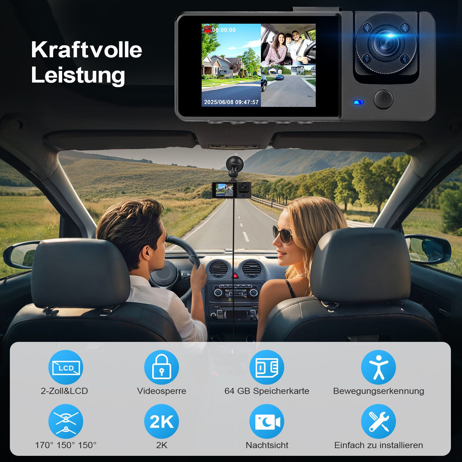 CkeyiN Pro 2K Dashcam Auto,2-Zoll-LCD,3 Kanal Dashcam Auto Vorne Hinten Dashcam (2.4G WIFI, 2K+ 720P+ 720P,WDR,110°Weitwinkel, Nachtsicht, mit 64GB TF-Karte)