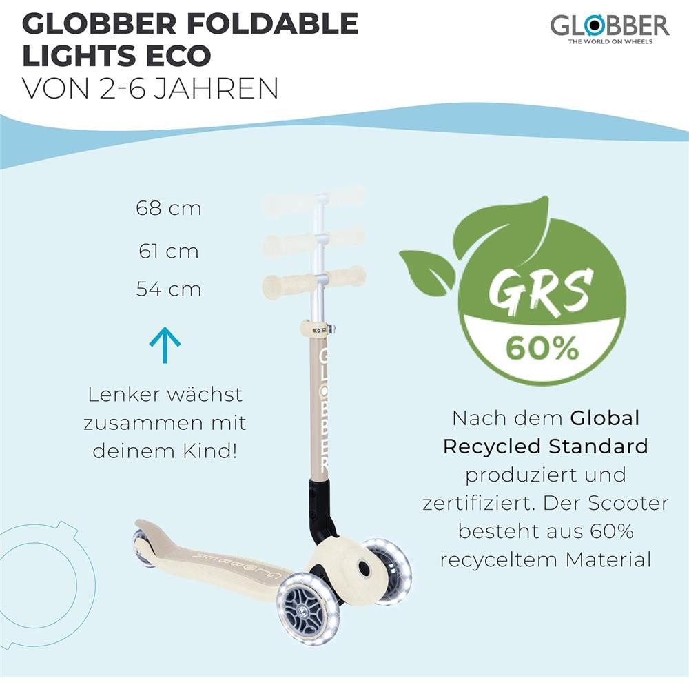 Globber Tretroller Junior Foldable Lights ECO Kinderroller 3-rädriger Scooter, Lernfreundliches Lenksystem, Leuchtende LED-Rollen