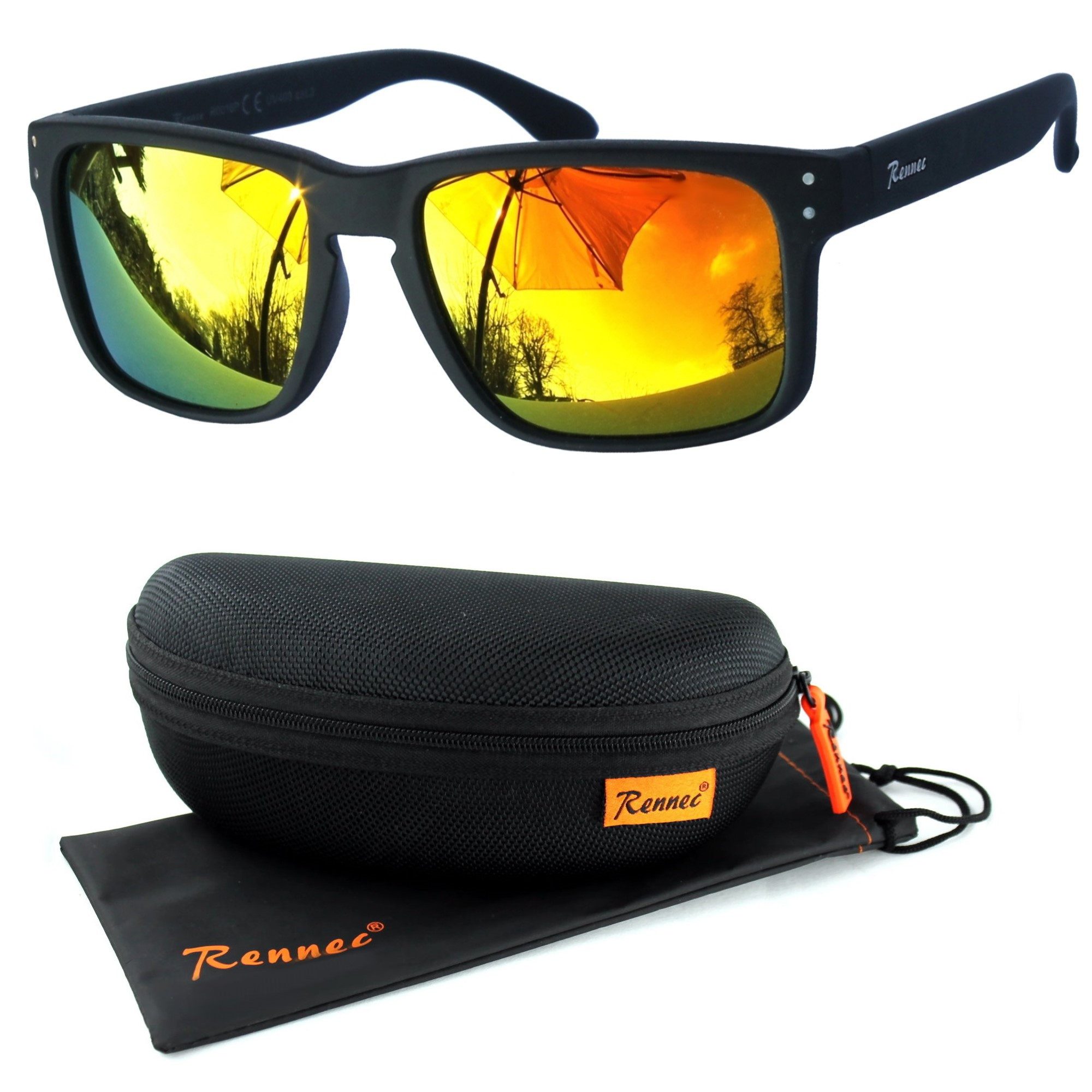 Sonnenbrille Herren Orange Verspiegelt Rechteckig Schwarz Matt