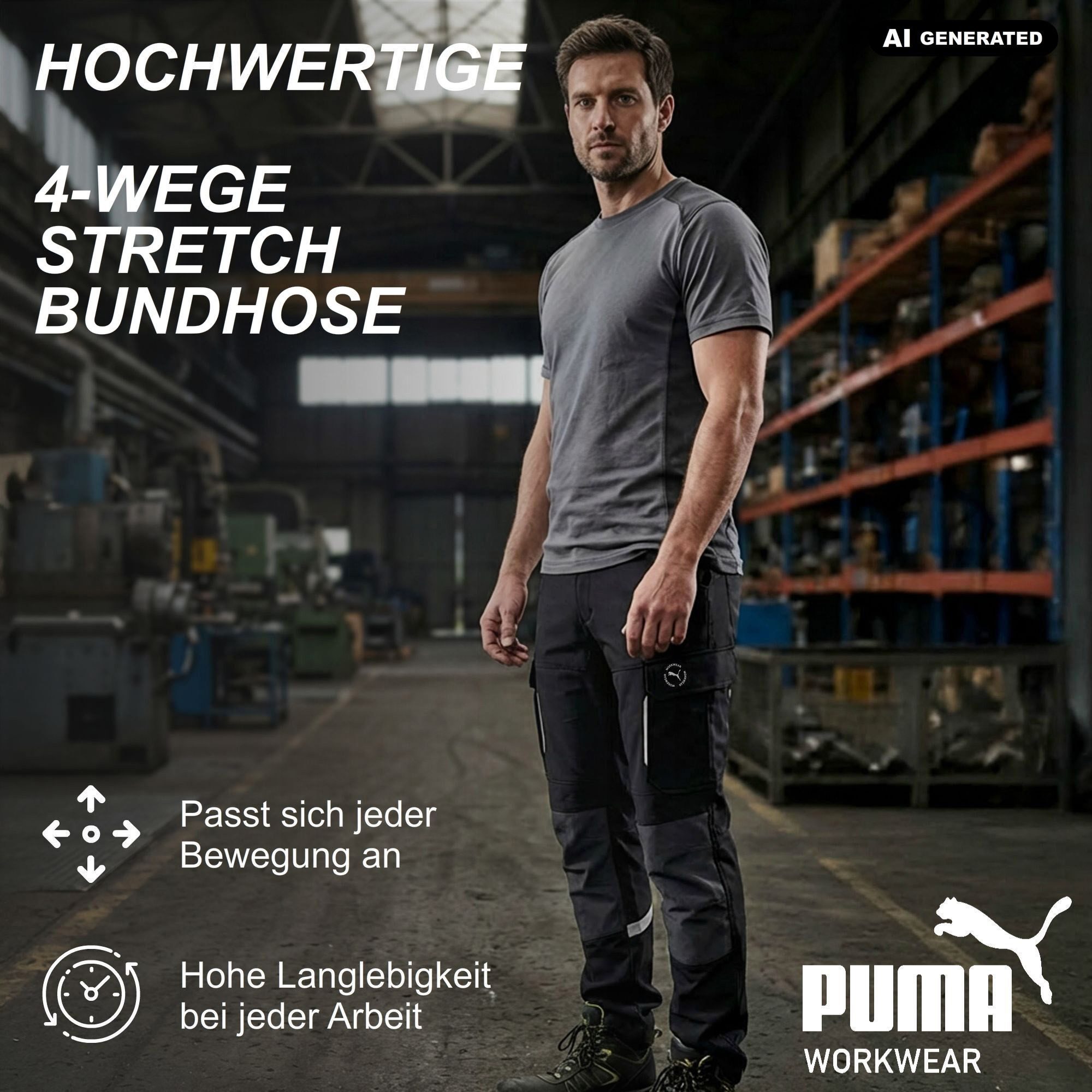 PUMA Workwear Arbeitshose Herren - Mit 4-Wege Stretch - Robust - verstärkter Kniebereich Gummizug - Erhöhtes Rückenteil - Bundhose mit verlängerbarem Hosensaum