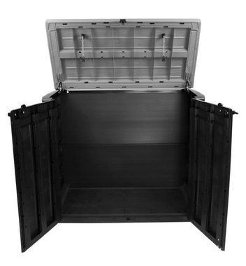 Keter Mülltonnenbox Max, aus hochwertigem Kunststoff, abschließbar, 1200 Liter, Gasdruckheber für den Deckel, Regalhalter, Bodenplatte