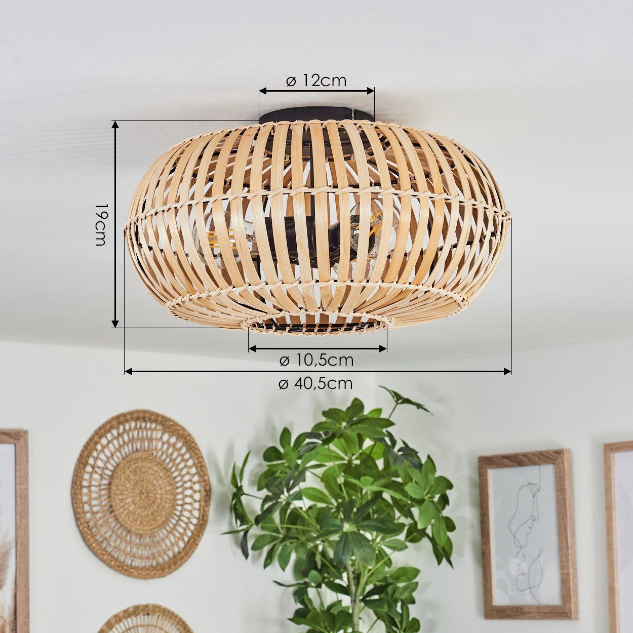 hofstein Deckenleuchte moderne Deckenlampe aus Metall/Bambus in Schwarz/Natur, ohne Leuchtmittel, Deckenleuchte Lichteffekt, Ø40,5cm, 3x E27, ohne Leuchtmittel