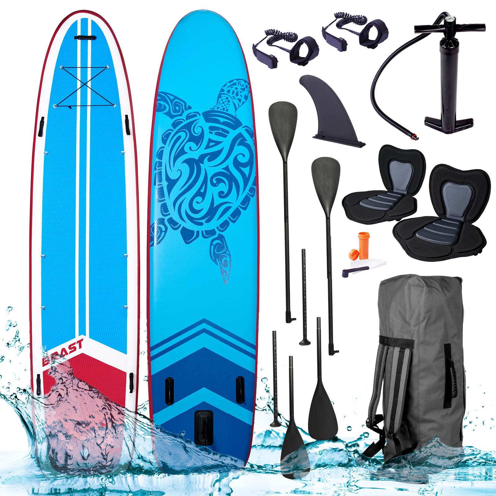 BRAST SUP-Board Family, Aufblasbares Stand up Paddle Set XXL, 370x87x15cm bis 210kg, inkl. Zubehör 2X Kajak-Sitz 2X Fußschlaufe, 2X Paddel Pumpe Rucksack